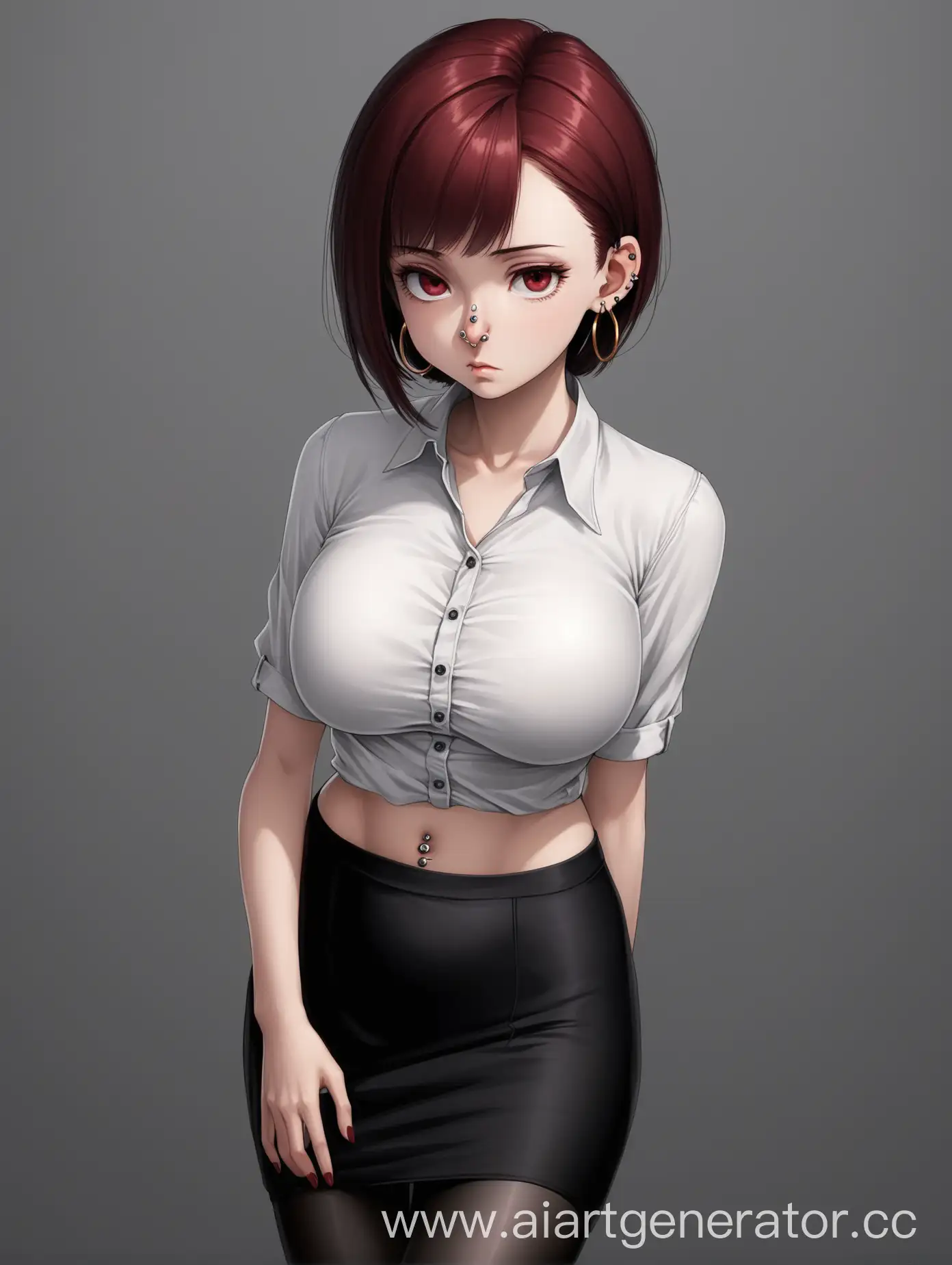 Girl, Medium height, Skinny, Short straight dark red hair, Gray slightly narrowed eyes, slightly hooked nose, A little hair on her arms and legs, Navel piercing, Hoop earrings in her ears, Large breasts, White blouse, Black pencil skirt, Black nylon tights.