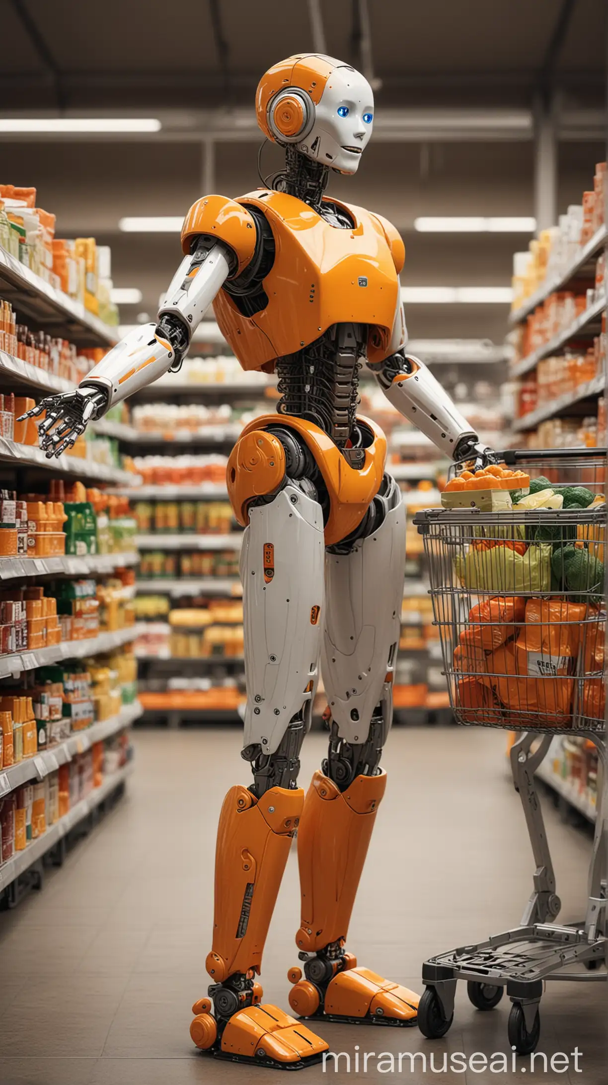 robot doing grocery shopping, use orange color mostly, robot should doing hi gesture too