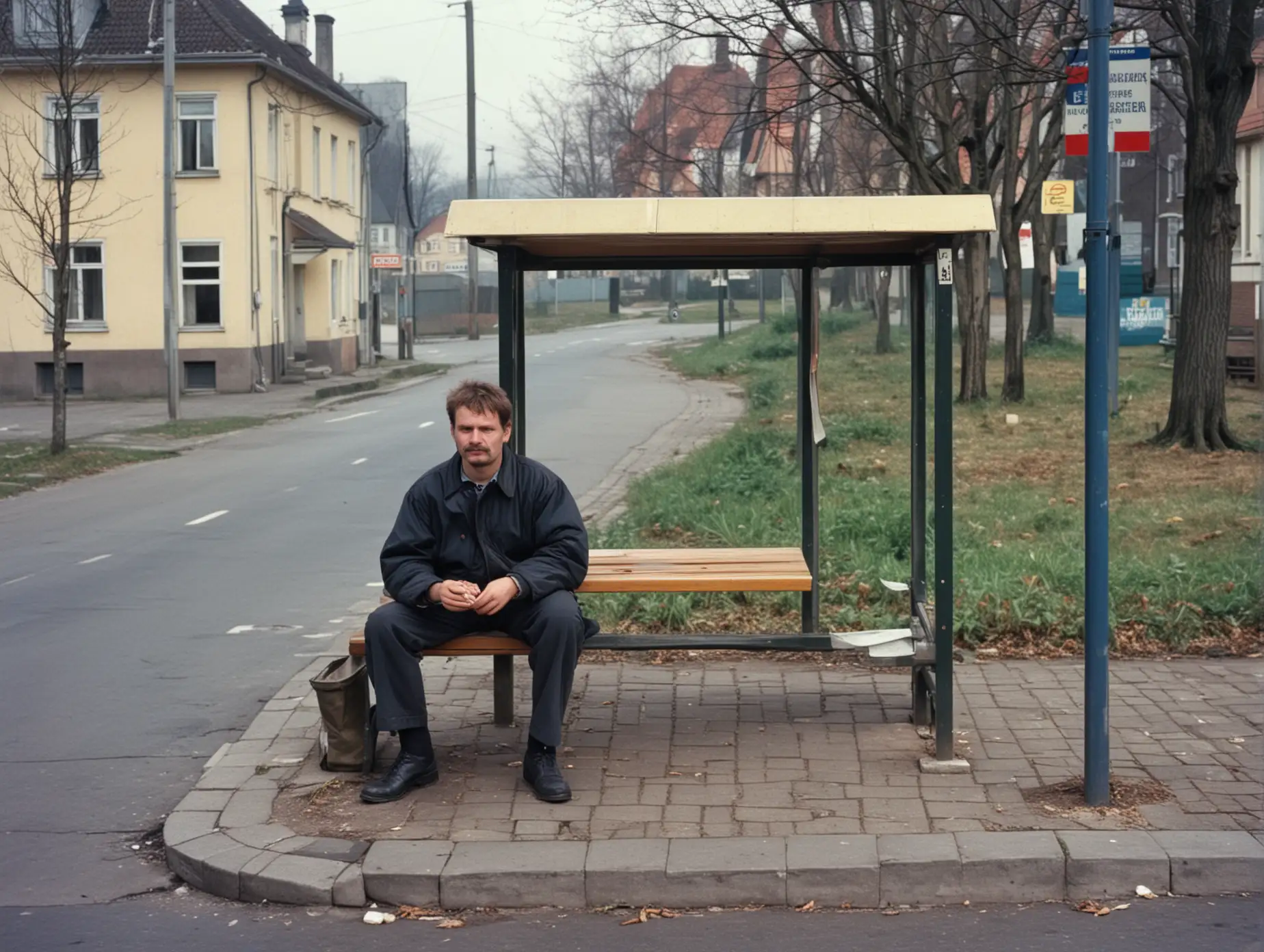Ostdeutsches Dorf 1992. Außenseiter sitzt an bushaltestelle.  