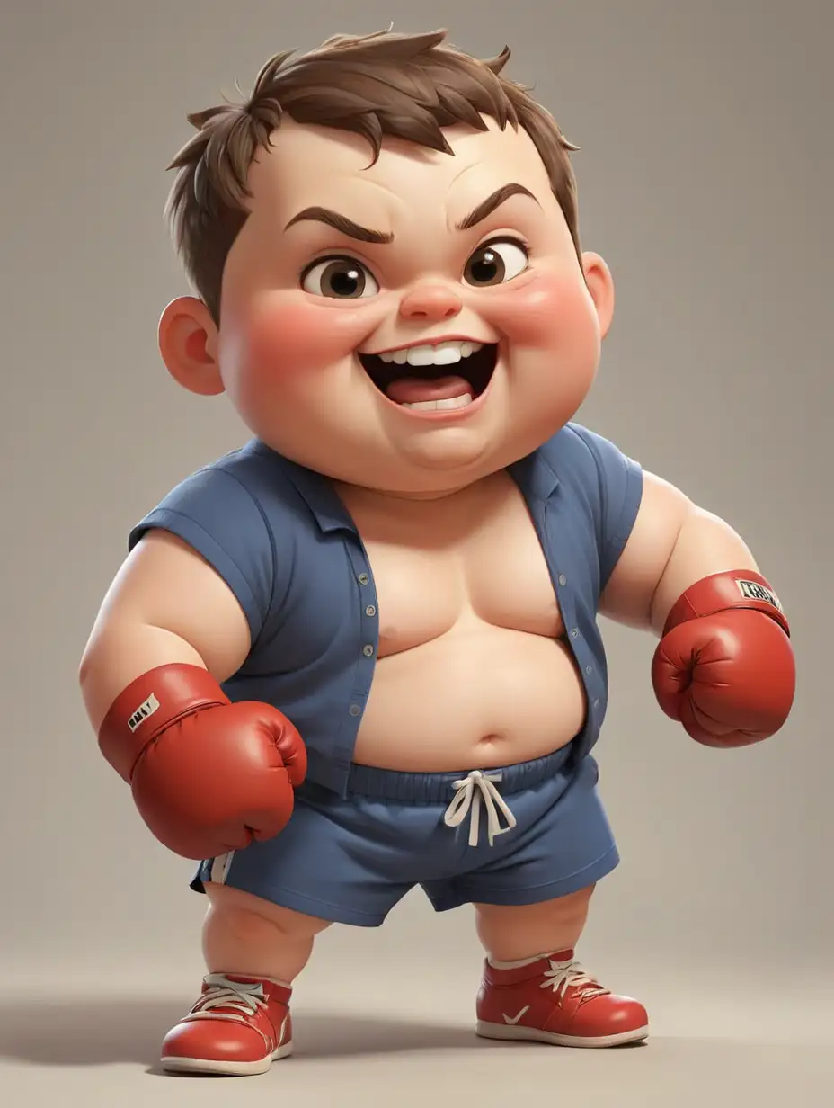 cartoon chubby kid, big head, cute smiling face, short limbs, practicing boxing