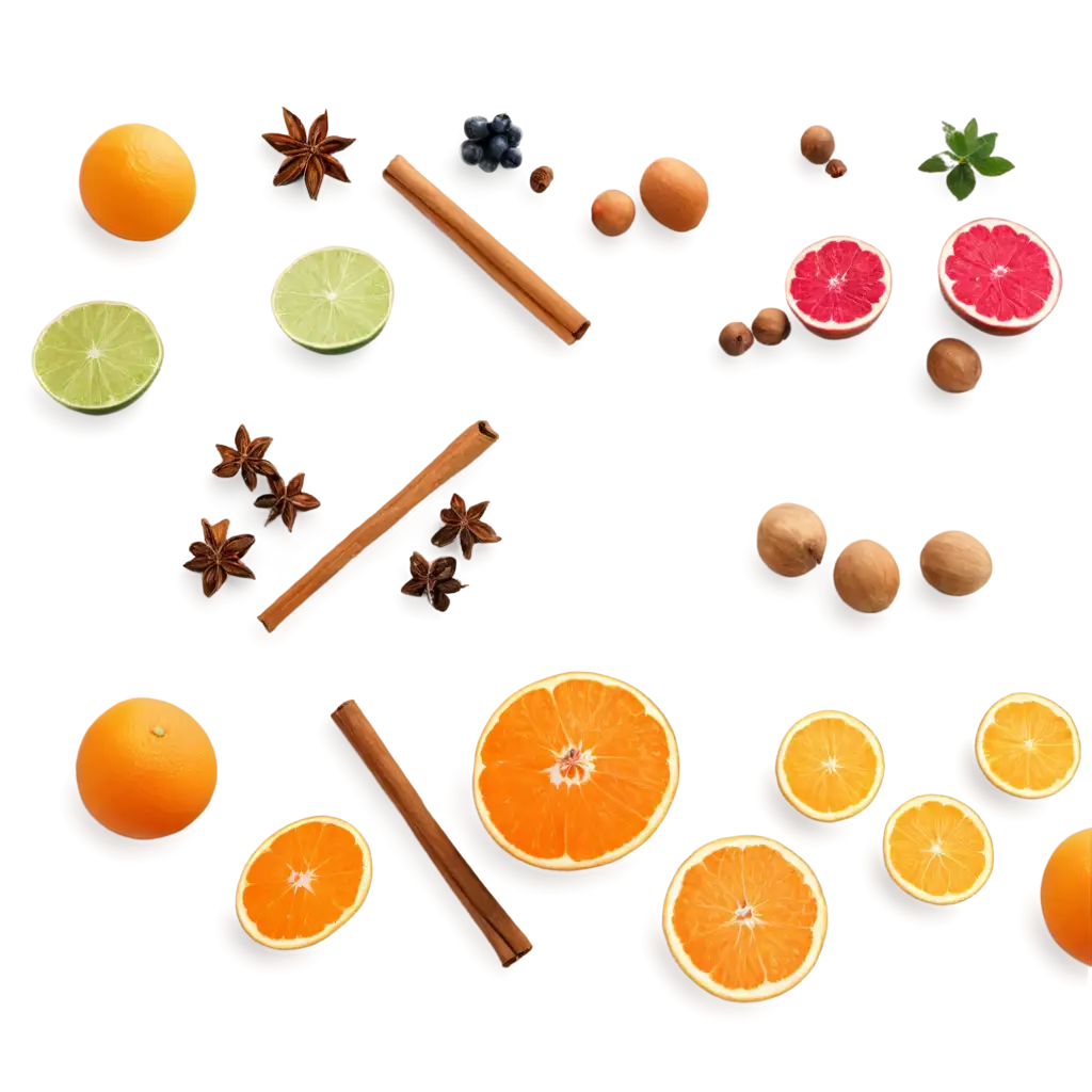 front view perspective of group of fruits and spices lie on the table