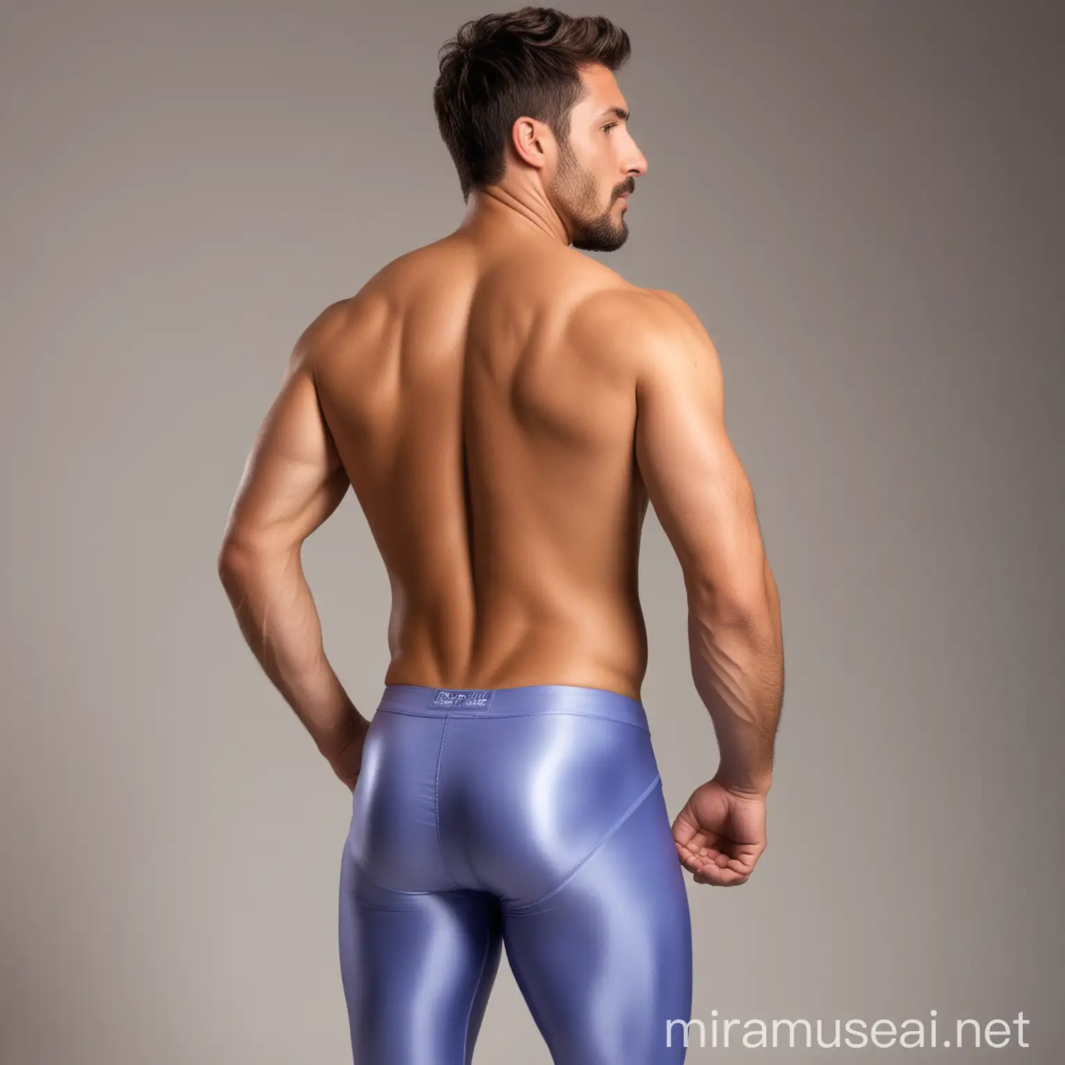 Charming shirtless fit 32 year old male Argentine wrestler reminiscent of Juan Marconi , with brown tanned skin and brown eyes, short spiky brunette hair, very short beard; wearing long periwinkle spandex leggings; well defined buttocks, rear view