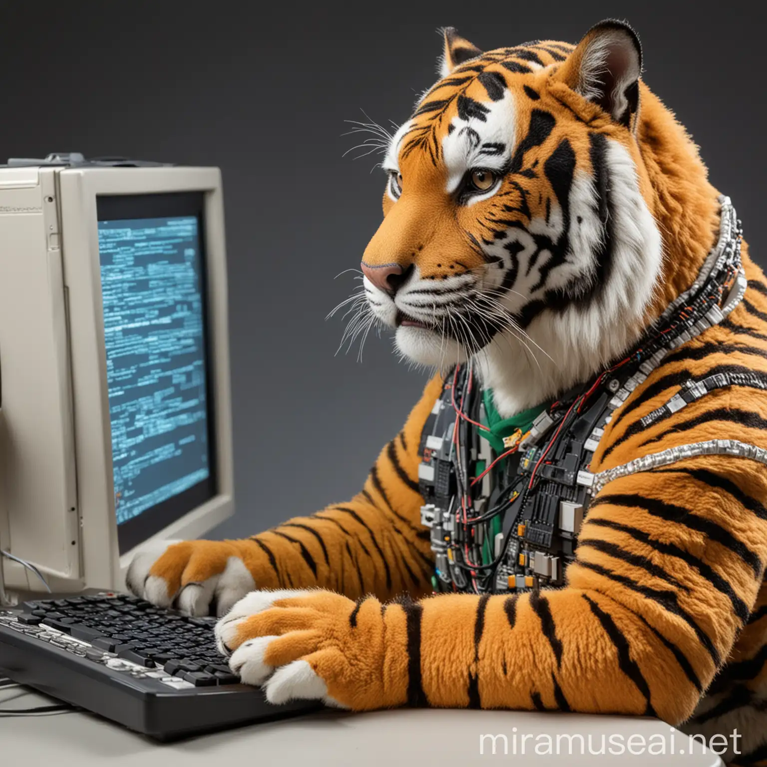 Tigre vestido de ingeniero en sistemas programando un sistema en una computadora
