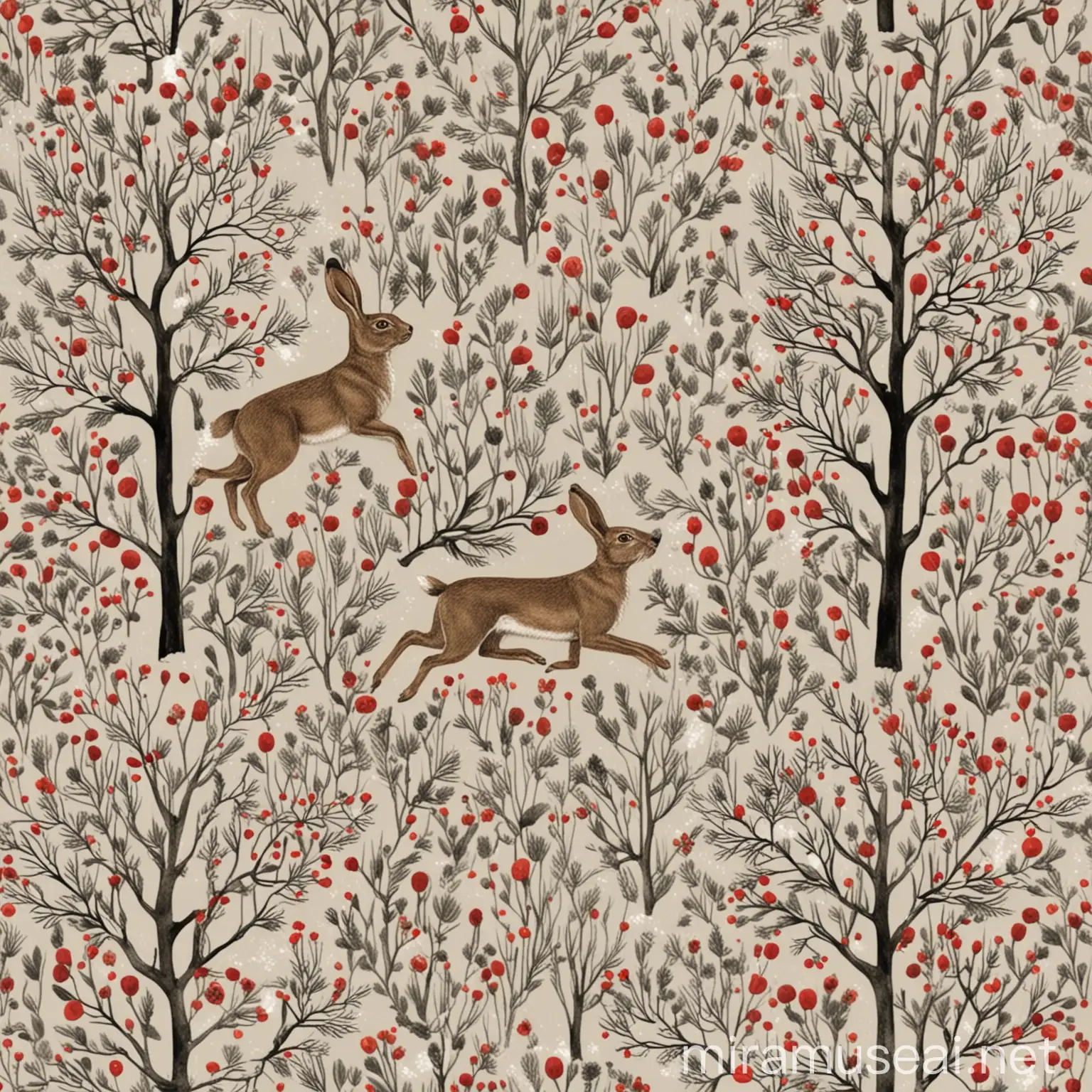 Repeating Hare Pattern on NaturalGrey Base with Snowy Trees and Red Berries