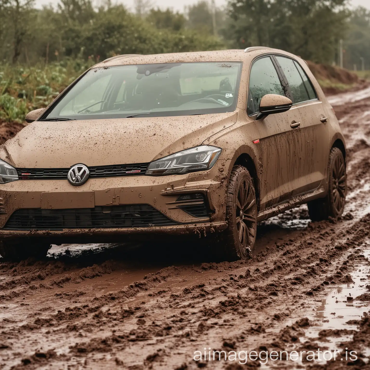 A new Volkswagen Golf MK8 in pastel colour is stuck on an extremely muddy road. The front tyres are covered in mud, the car is covered in thick mud, and a female driver is in the driver's seat.