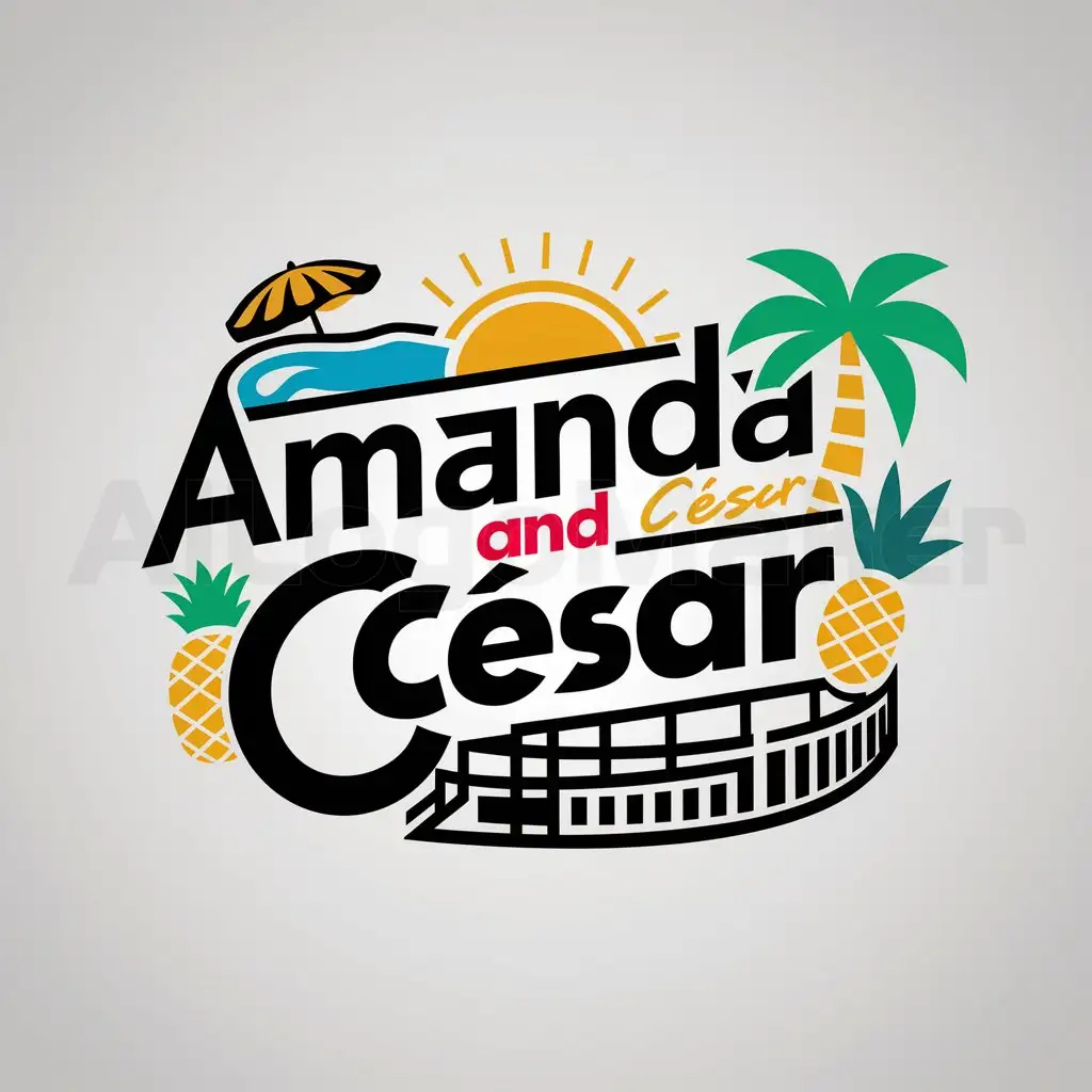 a logo design,with the text "Amanda and César", main symbol:playa, piña, palma, sol, arena,Moderate,be used in Entertainment industry,clear background