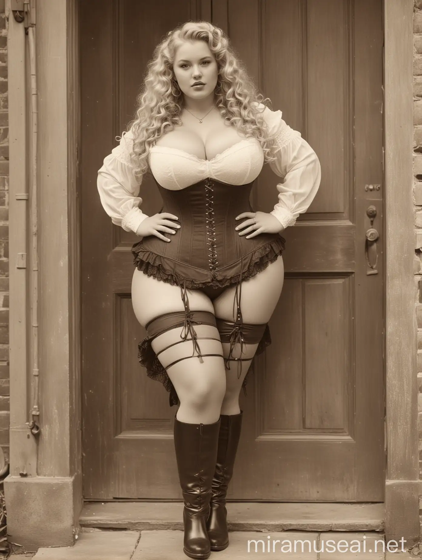 vintage sepia photo of a curvy plus-size woman with huge boobs and long blonde curls, wearing a tight corset, very short skirt and riding boots, standing in Victorian doorway