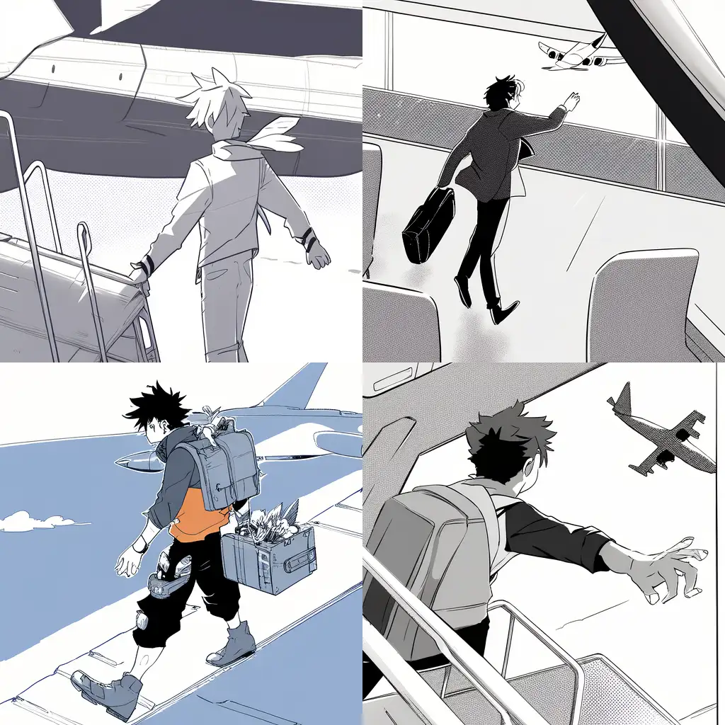 cartoon style, a man is leaving the plane with bare hand which is not carrying anything