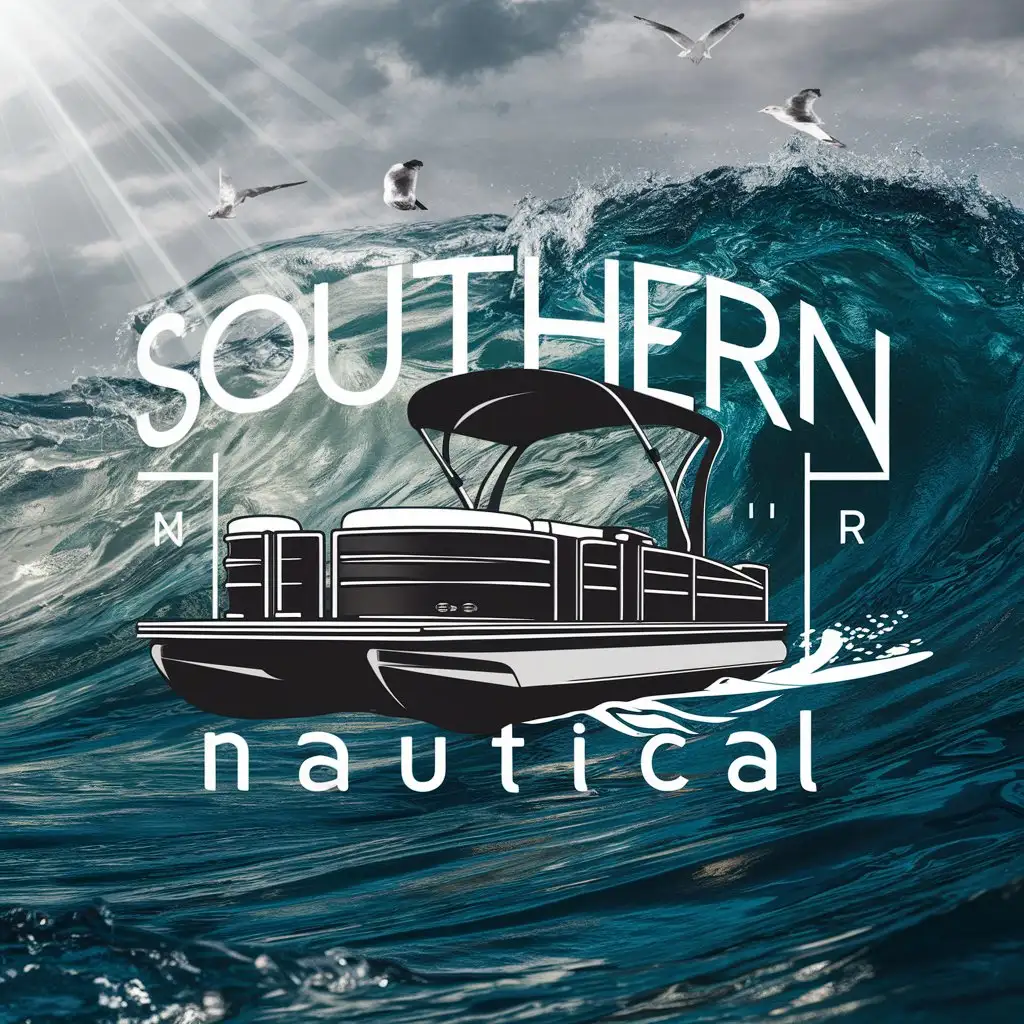 a logo design,with the text "Southern Nautical", main symbol:logo design of a pontoon boat, the pontoon boat is cruising through the ocean,complex,clear background