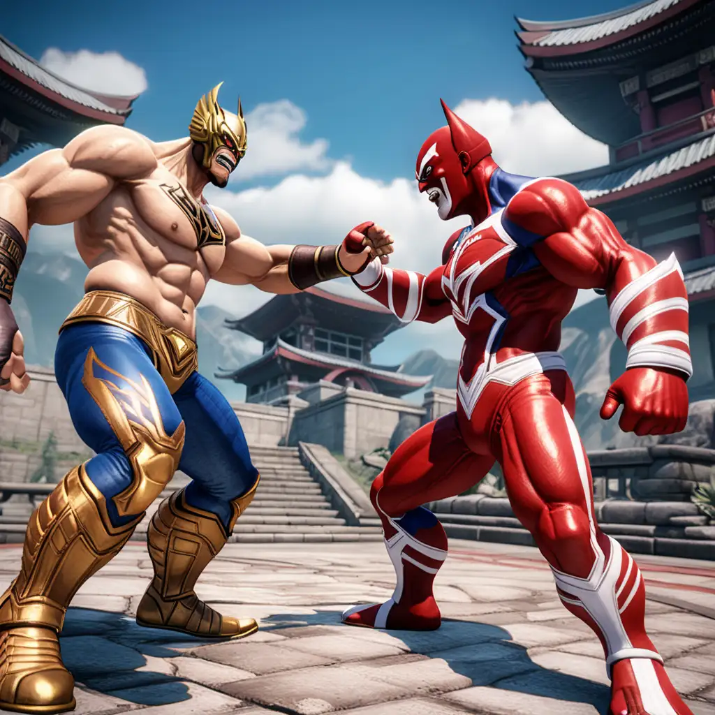Prepare for epic versus-fighting action, fighting and wrestling between superhero and super villain on the fighting Environment round about, the superhero character kick the super villain face, game and idea about like tekken 7 similar, showing temple environment in the background