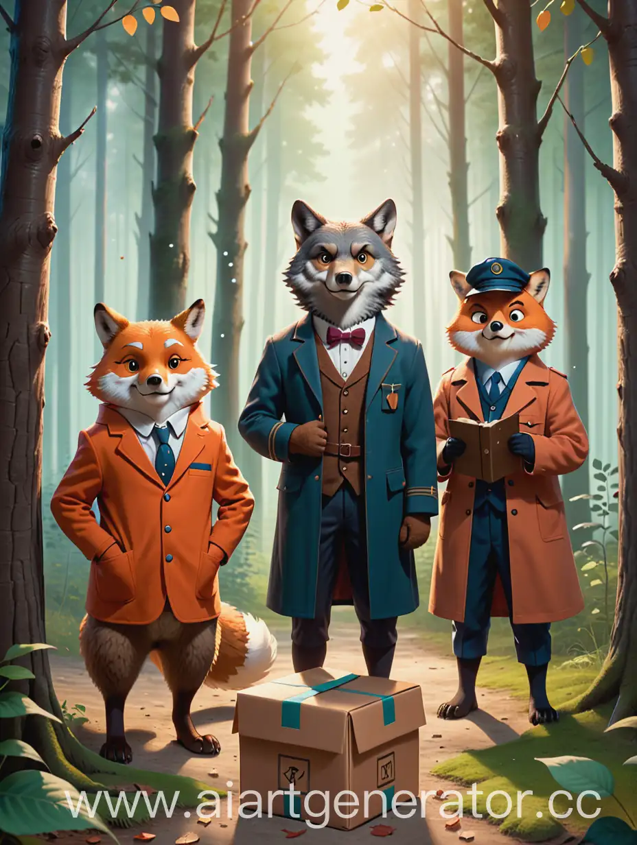  A wolf, a Bear. A fox in the forest stands around a mysterious box and looks into it. They stand on their hind legs and are dressed in clothes. The owl is standing nearby and is dressed in the clothes of a postman