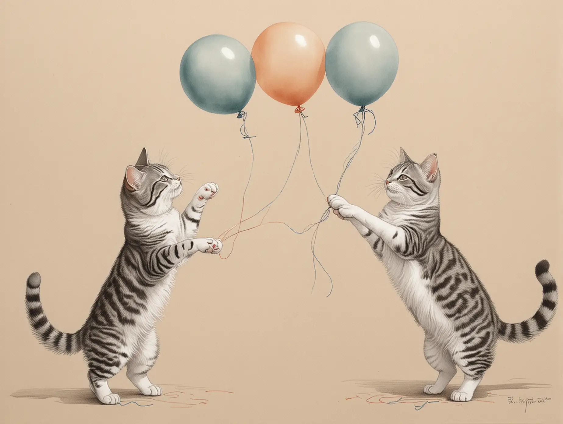 In the style of beatrice potter, drawing of  two gray and white tabby cats playing with balloons