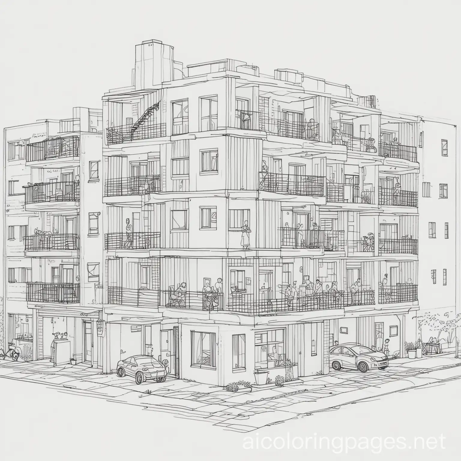 modern apartments with offices and construction and people, Coloring Page, black and white, line art, white background, Simplicity, Ample White Space. The background of the coloring page is plain white to make it easy for young children to color within the lines. The outlines of all the subjects are easy to distinguish, making it simple for kids to color without too much difficulty