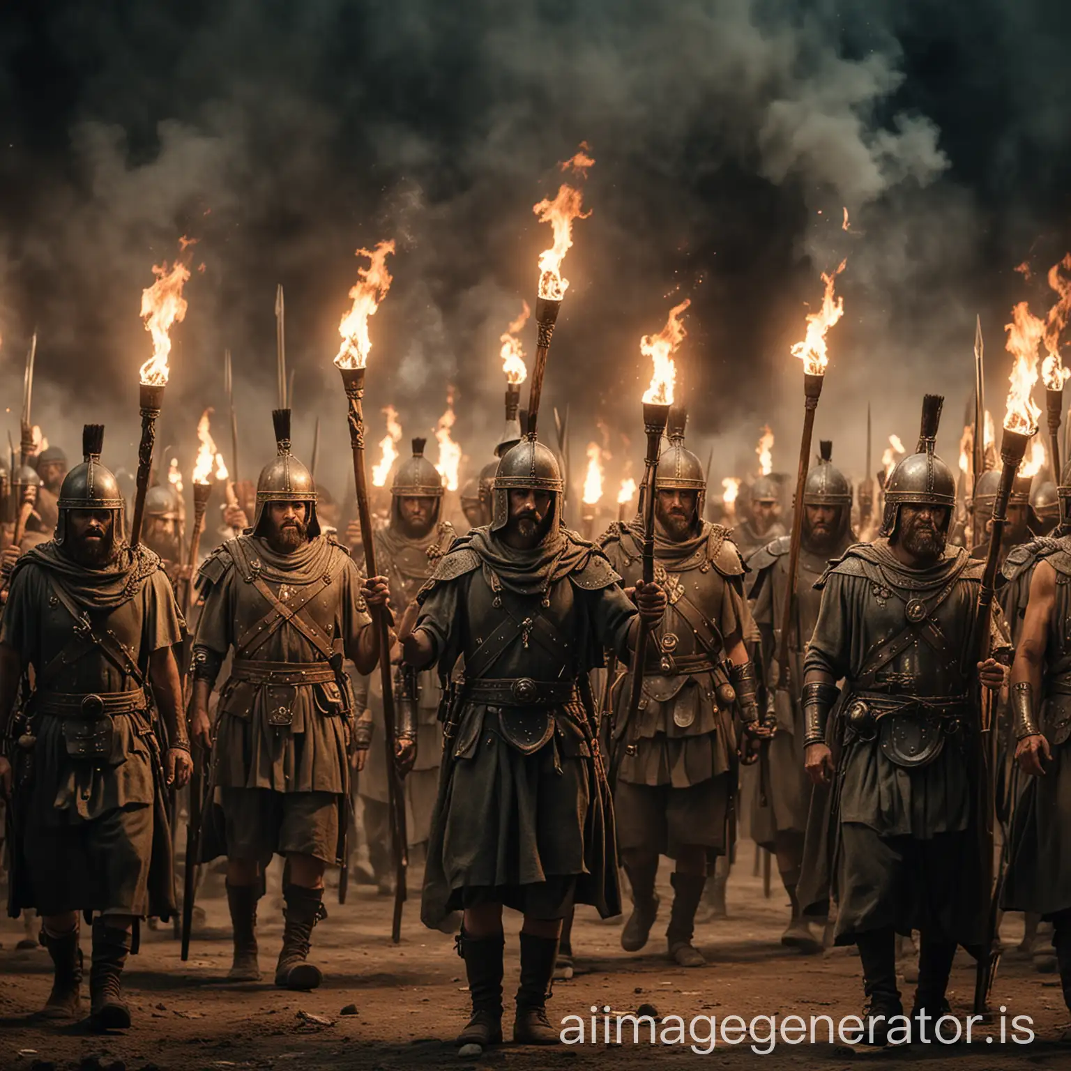 ancient army with torches in hands