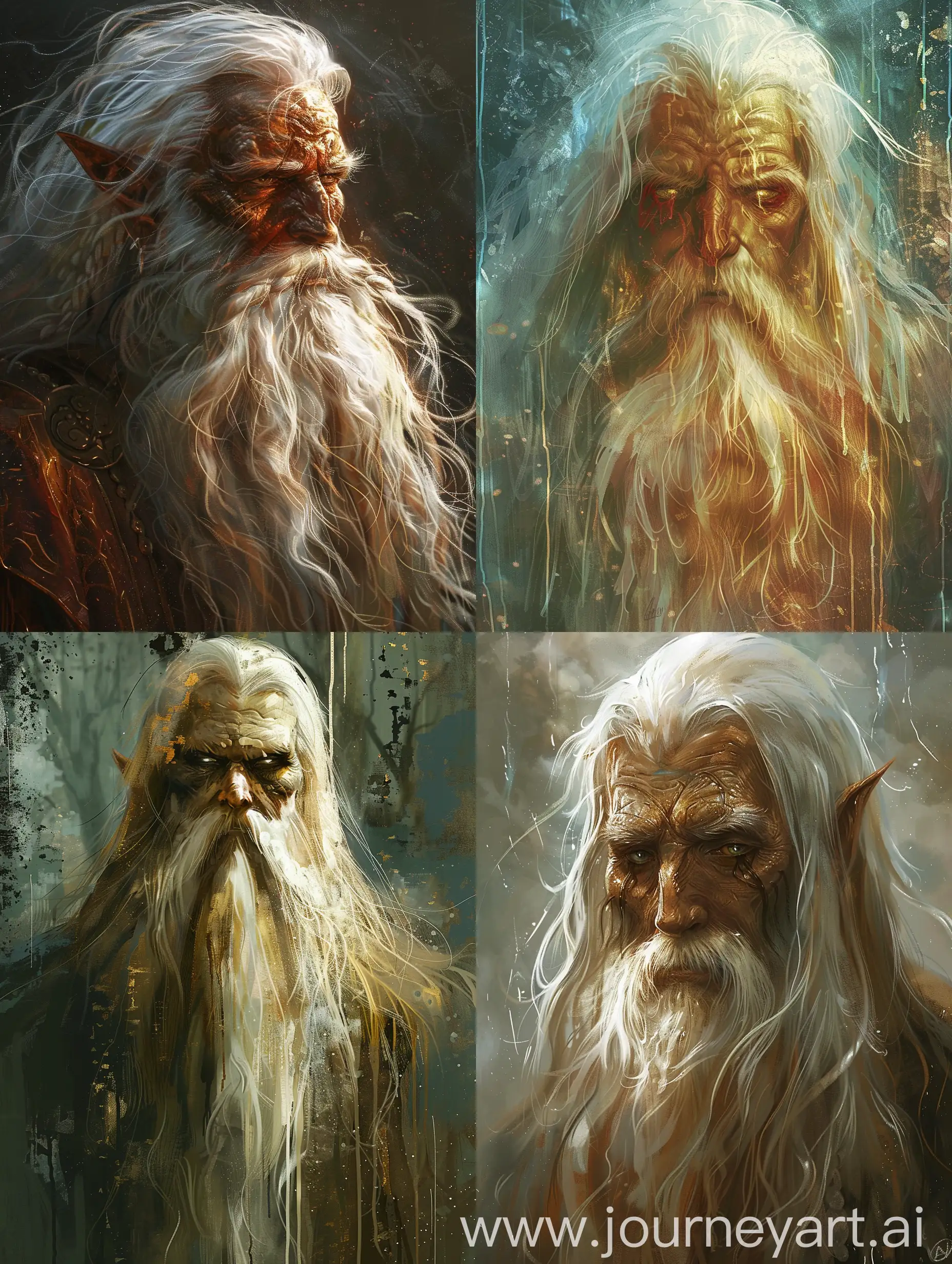 Subject; a supernatural wise teacher with a dangerous aura of calm and powerful serenity. Tall and bronze, long white hair and beard, magical eyes. 

Style and detail; fantasy inspired online Ai painting style, impasto, baroque, top notch, oil wet paint dripping layering, highly detailed. 