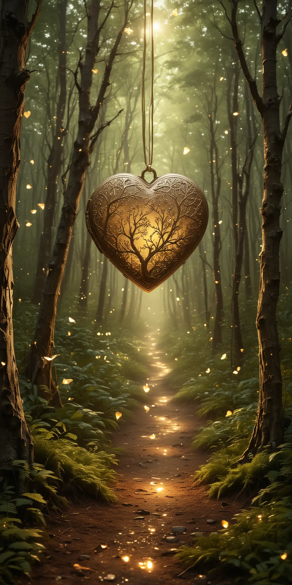 Magical Forest Scene:

Background: A serene, enchanted forest bathed in soft, golden light with a hint of twilight.
Foreground: A gently glowing path winding through the trees, with fireflies hovering in the air.
Center Image: A heart-shaped locket hanging from a branch, slightly glowing to symbolize the "spell of love" bringing the father figure into the recipient's life.
Additional Elements: Subtle sparkles and magical runes etched into the trees, suggesting a magical presence.
