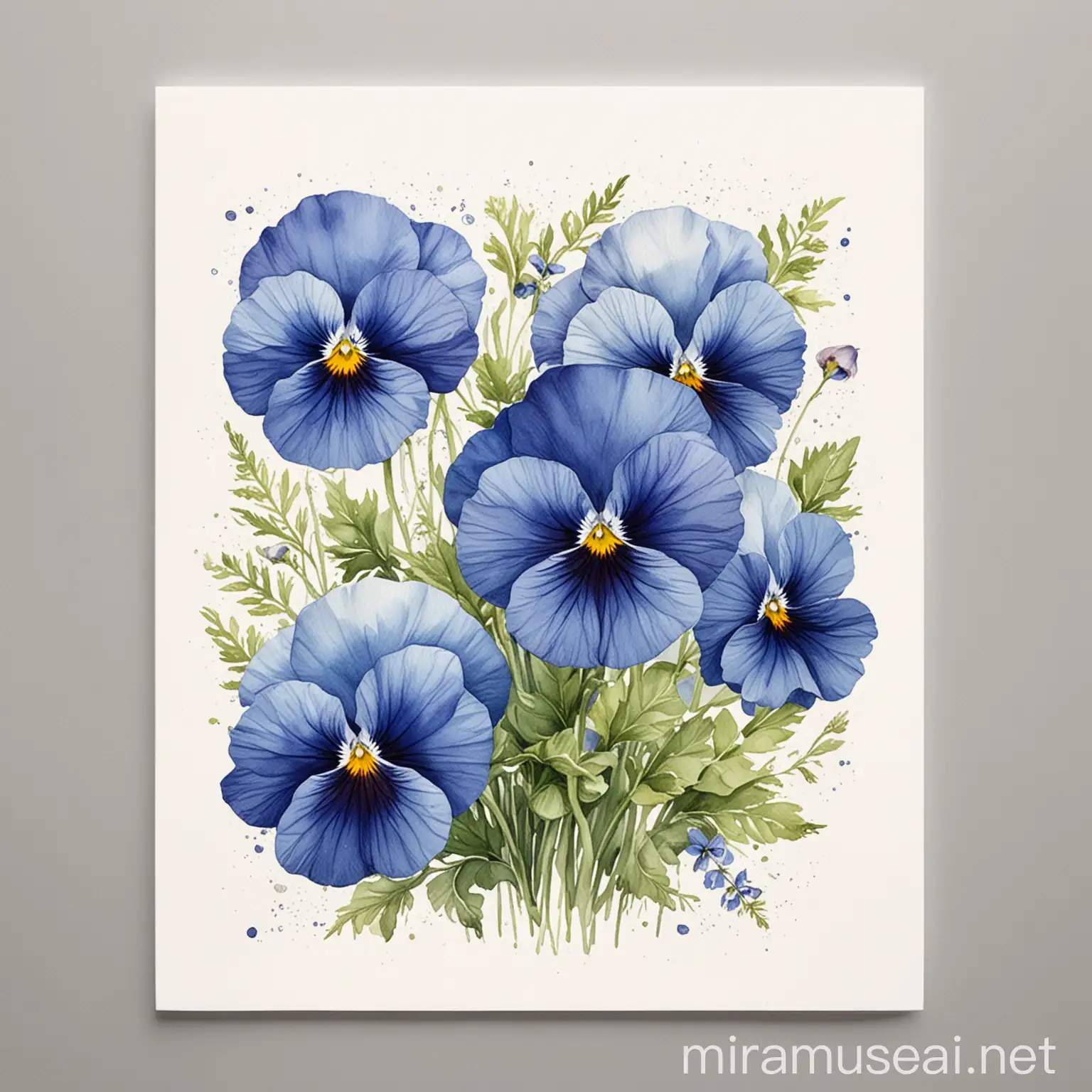 Blue Pansies Watercolor Illustration Delicate Floral Artwork on White Background