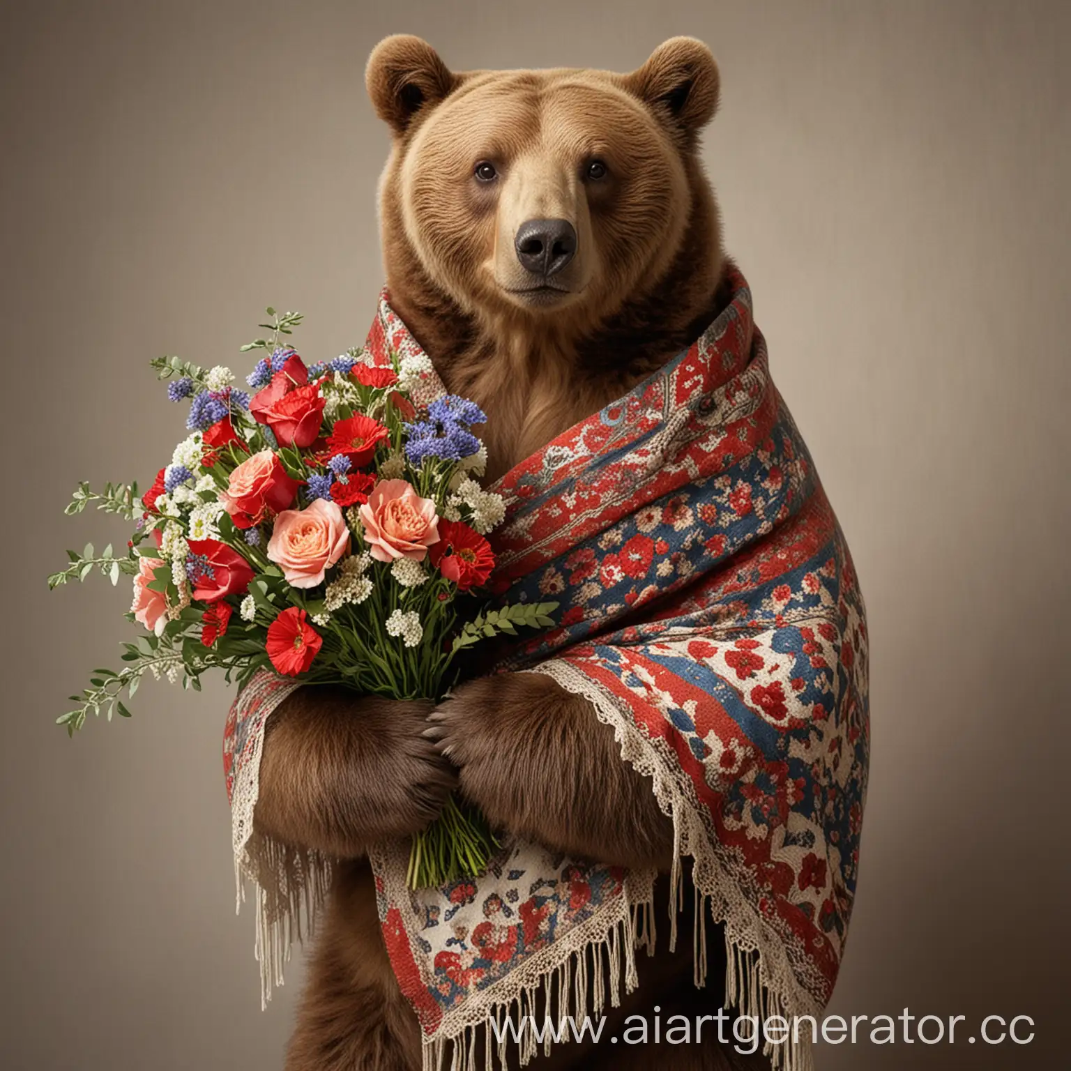 бурый медведь в русском платке держит букет цветов