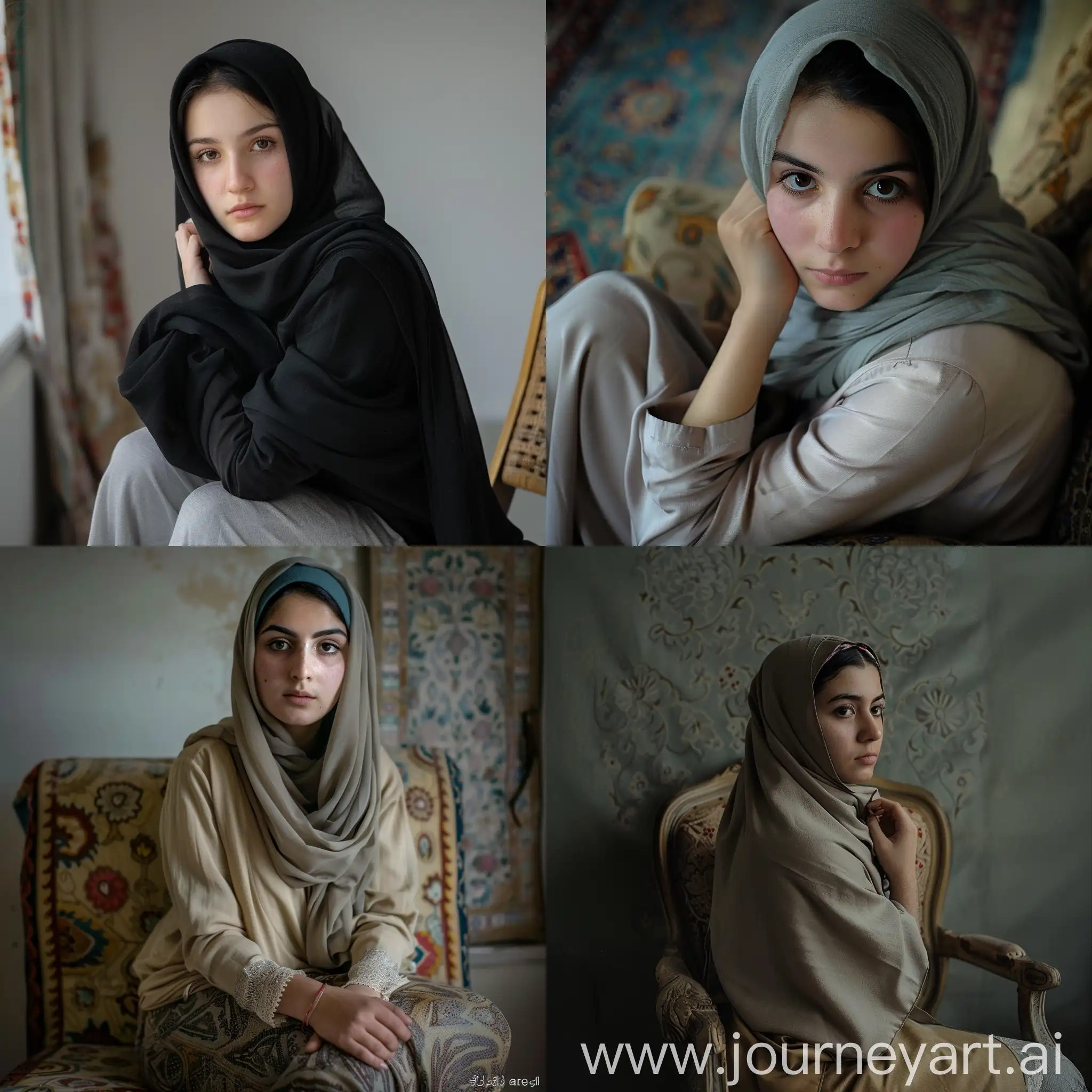 An Iranian girl in hijab, about 25 years old, waiting on a chair