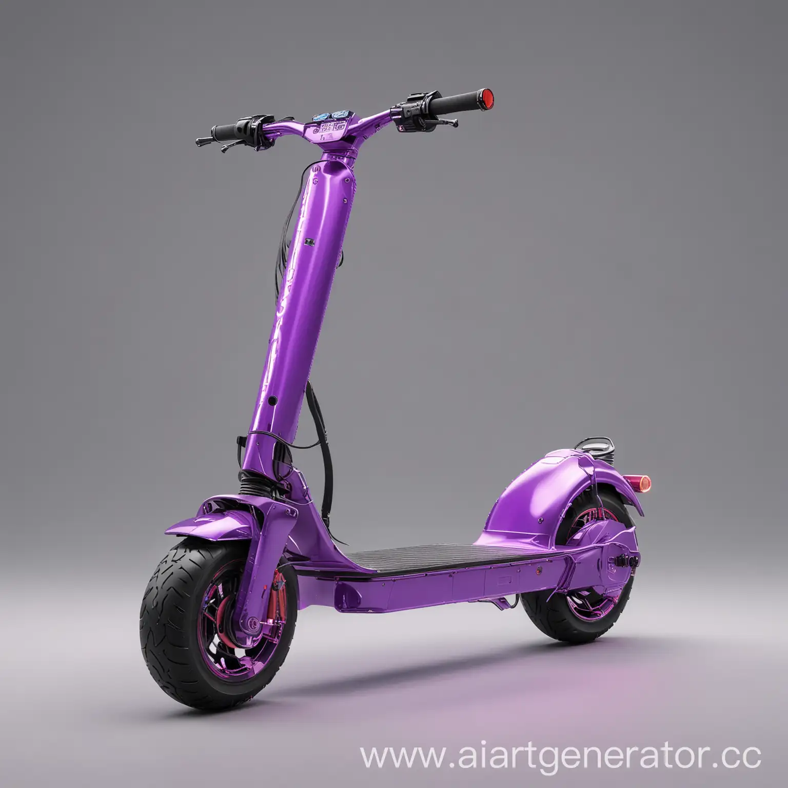 electric scooter for time travel, it should be bright purple in color, made of metal with neon backlighting, there is a control panel on the steering wheel, has large wheels and a large deck, turned semi-sideways towards the viewer, studio light realism on a white background