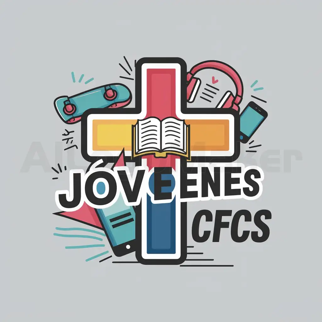 a logo design,with the text "Jóvenes ICFCS", main symbol:A cross, with a book and elements of youth pop culture.,Moderate,clear background
