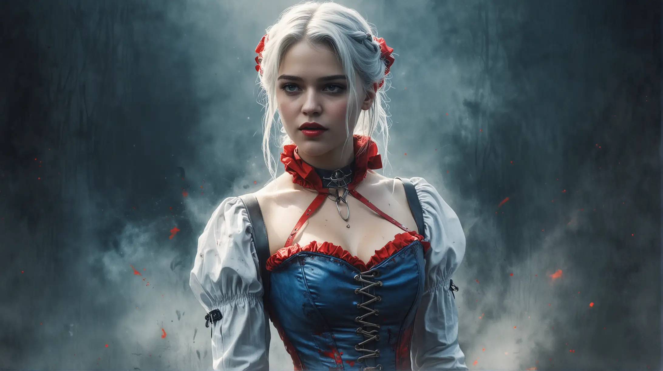 cartoon, Léa Seydoux as Ciri in sexy blue corset,  red leather neck collar, pigtails, as sorceress, The Witcher game, Mystic, Mystery, magic, fire, fog, bright colorful Watercolor Overlay, abstract
