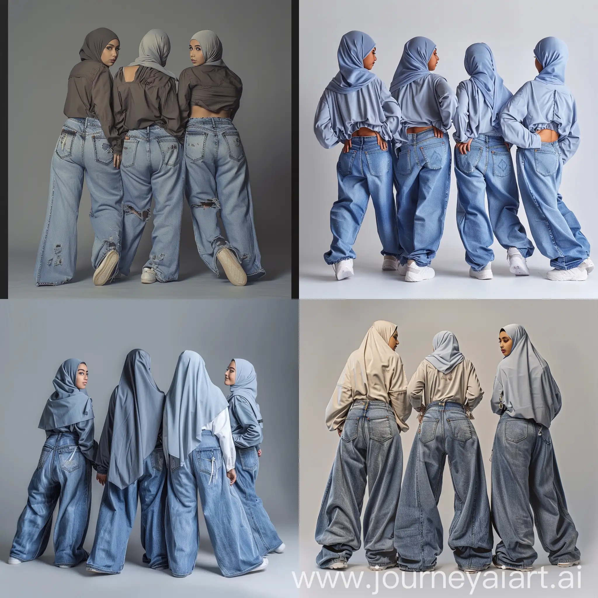 Four-Young-Hijabi-Women-in-XL-Jeans-Gazing-Backward