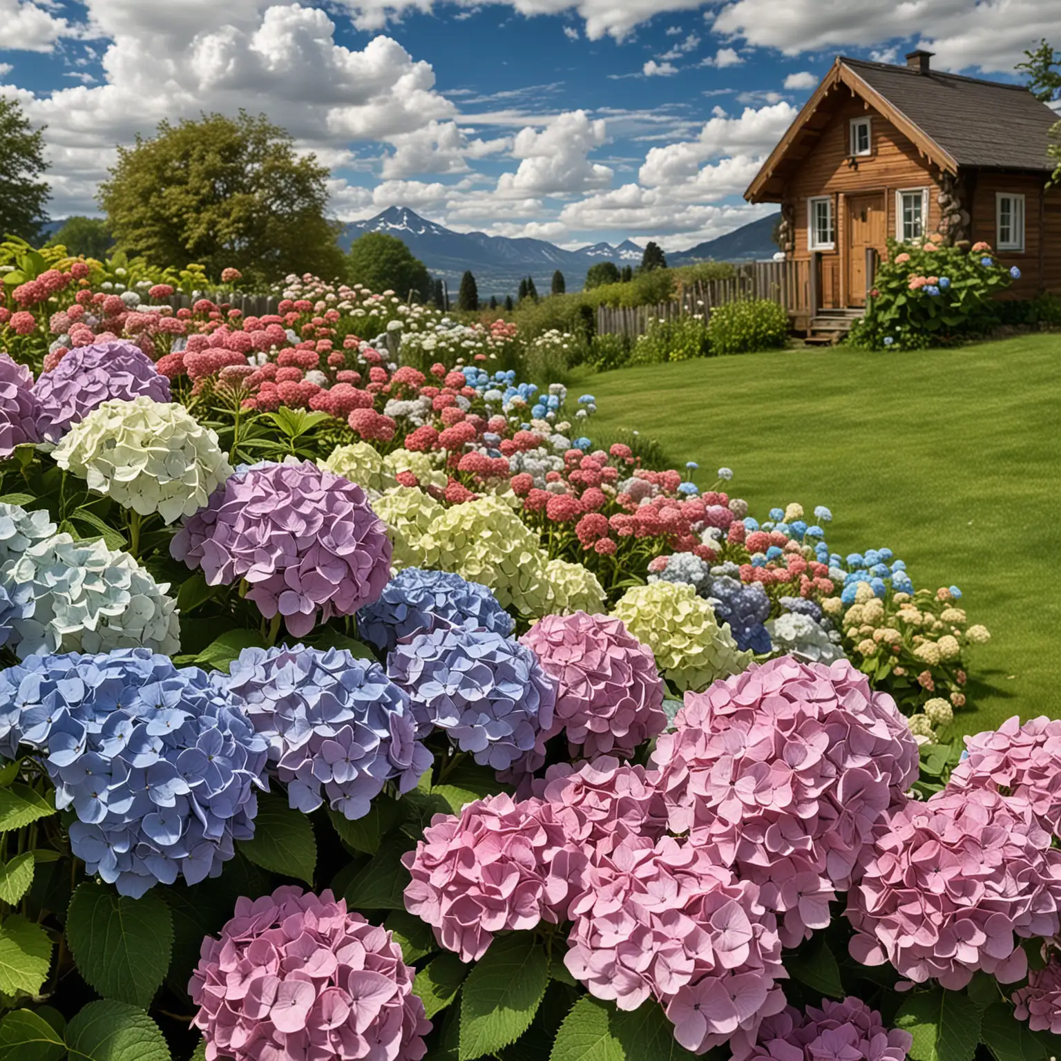 Close-up of a hydrangea field, filled with Hydrangea macrophylla 'Endless Summer' flowers in various colors, with a small wooden house in the distance, on a lawn, under a blue sky with white clouds, and faintly visible mountain range in the background, camera positioned within the flower bed, high resolution, clear texture, adjusted light and shadow