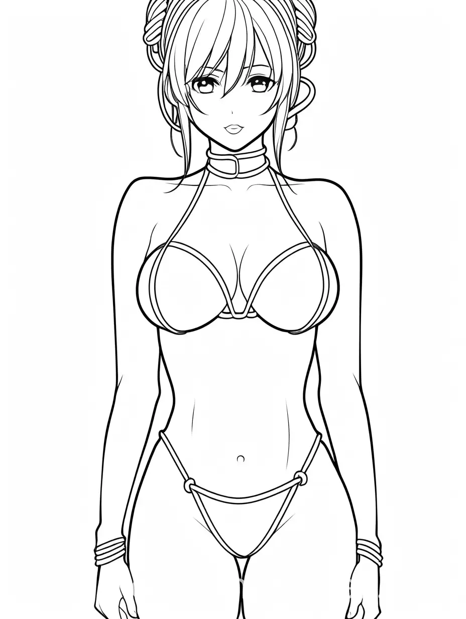 kinky naked bondage anime girl , Coloring Page, black and white, line art, white background, Simplicity, Ample White Space. The background of the coloring page is plain white to make it easy for young children to color within the lines. The outlines of all the subjects are easy to distinguish, making it simple for kids to color without too much difficulty