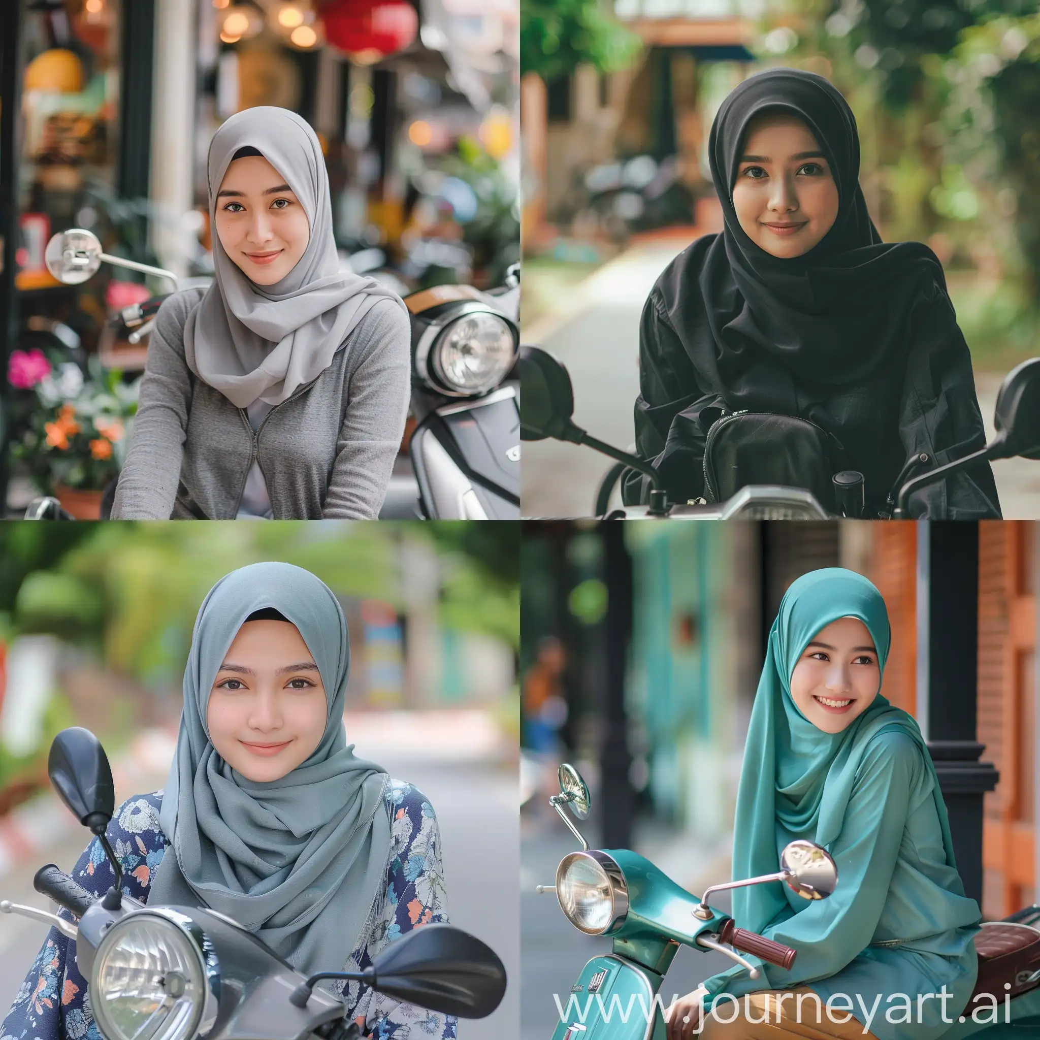 Cheerful-Asian-Girl-in-Hijab-Sitting-on-Automatic-Scooter