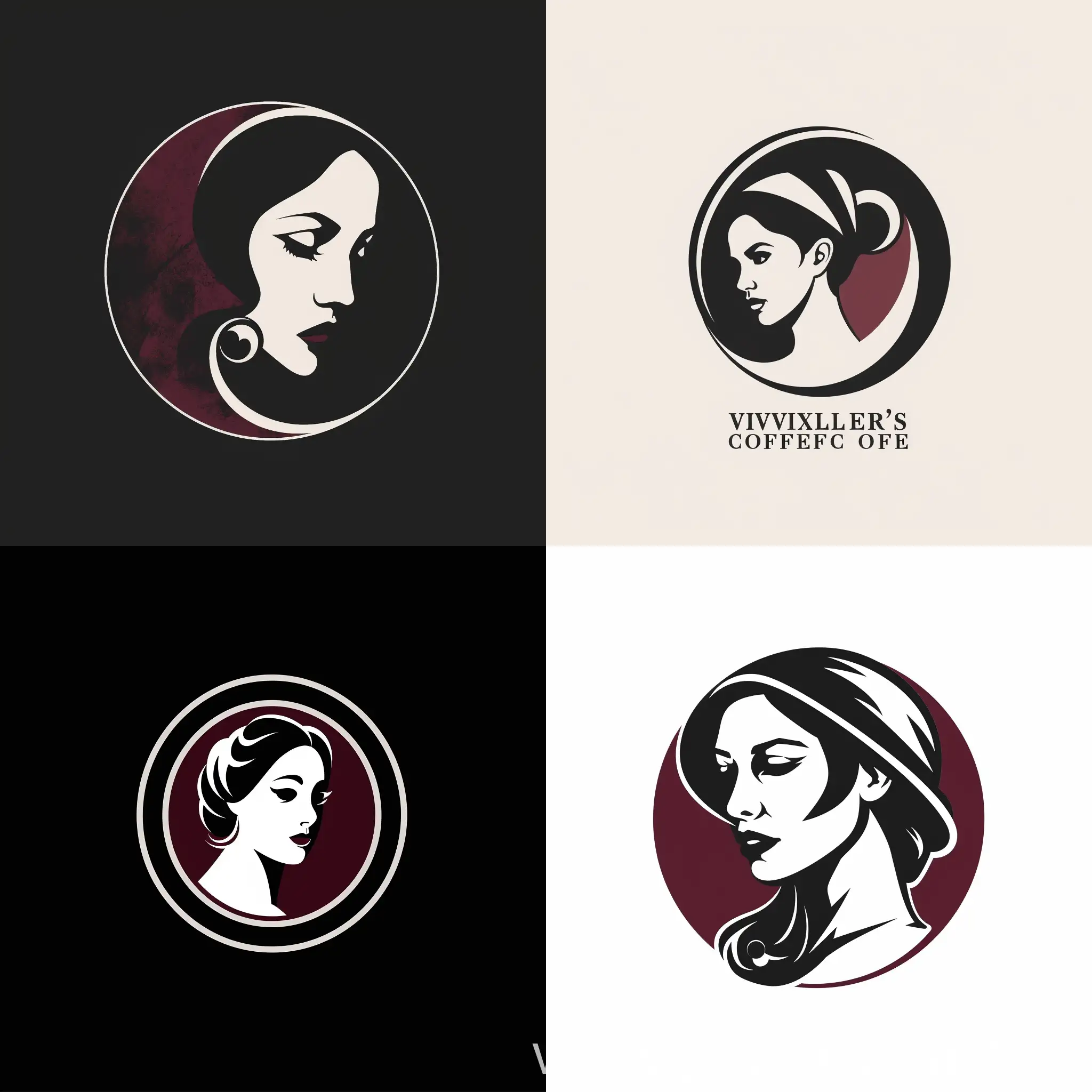 LOGO Design For Victorias Coffee Elegant Chapolera Lady Portrait in Circle Black White and Burgundy Palette  Subject: Inspiration Behind the Logo Design Victoria's Coffee logo draws inspiration from Colombia's rich coffee culture, particularly honoring the chapoleras, women who handpick coffee beans. The chapolera lady's portrait symbolizes tradition, authenticity, and dedication to quality.  Subject: Symbolism of Colors and Graphics The black, white, and burgundy palette conveys sophistication, elegance, and a timeless appeal. Black symbolizes strength and professionalism, white represents purity and quality, while burgundy evokes warmth and richness, reminiscent of freshly brewed coffee.  Subject: Detailed Explanation of Design Elements The chapolera lady's face as the main symbol signifies the human touch and craftsmanship behind Victoria's Coffee. Placing her within a circle enhances a sense of unity and community, reflecting inclusivity and the shared passion for coffee.  Subject: Design Style and Trends The logo's complexity adds depth and intrigue, captivating viewers' attention and leaving a memorable impression. Its versatility allows it to be applied across various platforms, ensuring brand consistency and recognition in the competitive coffee industry.