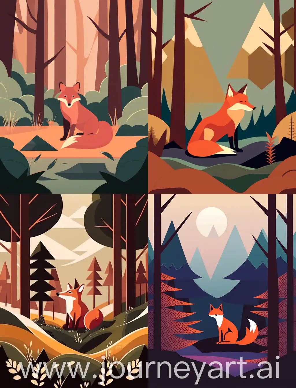 A flat vector illustration of a fox sitting on the ground, sharp and angular shapes, earthy and muted tones, forest environment with stylized trees and bushes, mysterious and tranquil ambiance, illustration, vector drawing in Adobe Illustrator, 