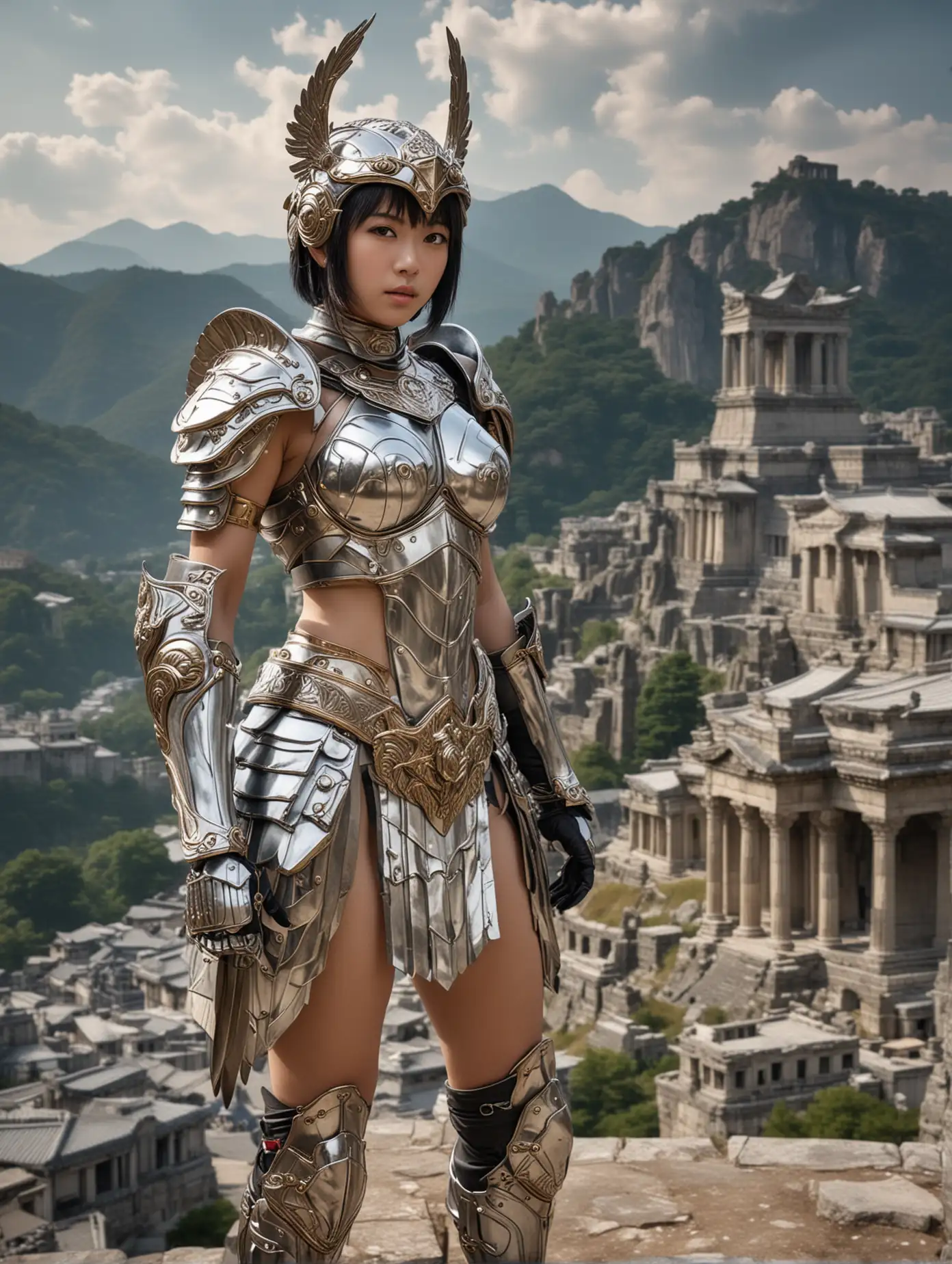 Realpicture Sexy and strong Japanese short hair girl huge tits,
wearing a silver mini armor of the Pegasus in bronze, helmet of the Pegasus in bronze, full bronze mask on face and skirt in Saint Seiya style, half naked,
full body, mountains and Greek temples in the background,
best quality, master, realistic face, best quality, Portrait of a boy, realistic 4k, 18k