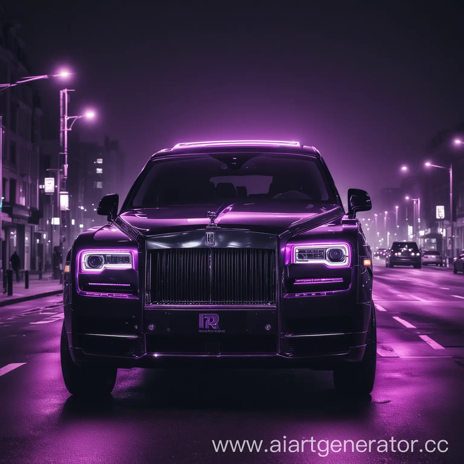 Машина rolls royce cullinan черного цвета стоит на светофоре ночью. Красивая неоновая стилизация с фиолетовым оттенком, высокое качество
