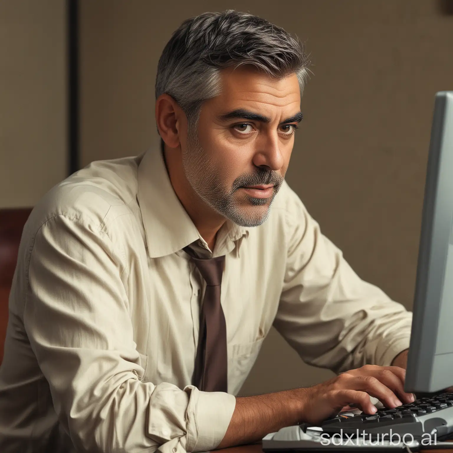 a man who looks like george clooney typing furiously on a computer