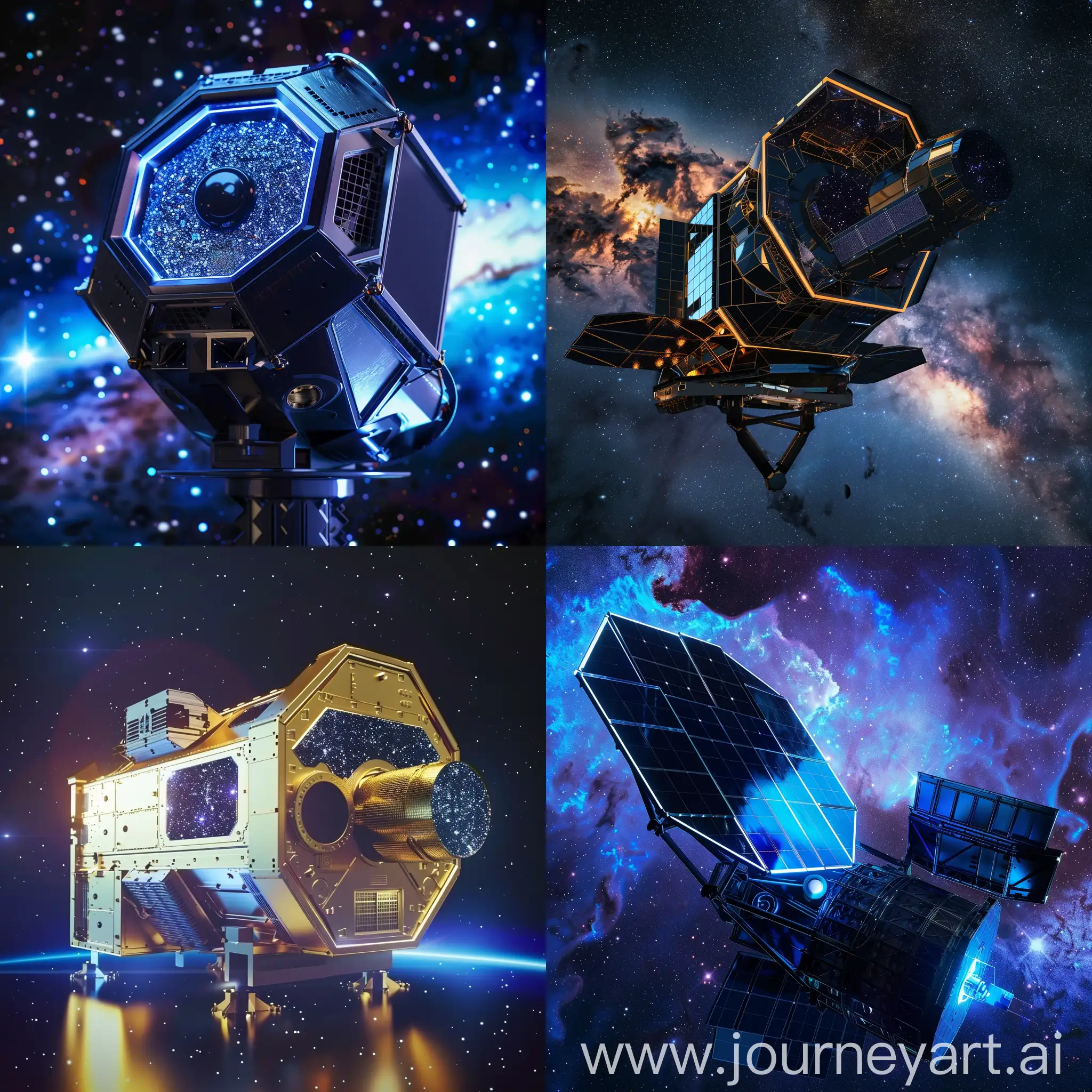 Sci-Fi space telescope, Advanced Science and Technology, Adaptive Optics, Quantum Detectors, AI-Driven Automation, Nanomaterial Coatings, Superconductive Electronics, 3D-Printed Components, Spectral Multiplexing, Advanced Thermal Control, Miniaturized Propulsion, Interferometry Capabilities, Ultra-Precise Star Trackers, Photon Trapping Technology, Holographic Data Storage, Quantum Communication Systems, Self-Healing Materials, Energy Harvesting Arrays, Molecular Printers, Neural Interface Controls, Time-Delay Integration Sensors, Gravitational Wave Detectors, Solar Sail, Aerogel Insulation, Magnetic Shielding, Shape-Memory Alloys, Electrochromic Skin, Robotic Arms and Drones, Hyperspectral Imaging Panels, Nanostructured Surfaces, Orbital Debris Tracking, Laser Communication Array, Adaptive Optics System, Quantum Sensors, Dark Matter Mapping Equipment, Exoplanet Atmosphere Analyzers, Interstellar Medium Probes, Cosmic Ray Collectors, Zero-Point Energy Modules, Nanothrusters, Artificial Intelligence Integration, Multidimensional Imaging Technology --stylize 1000