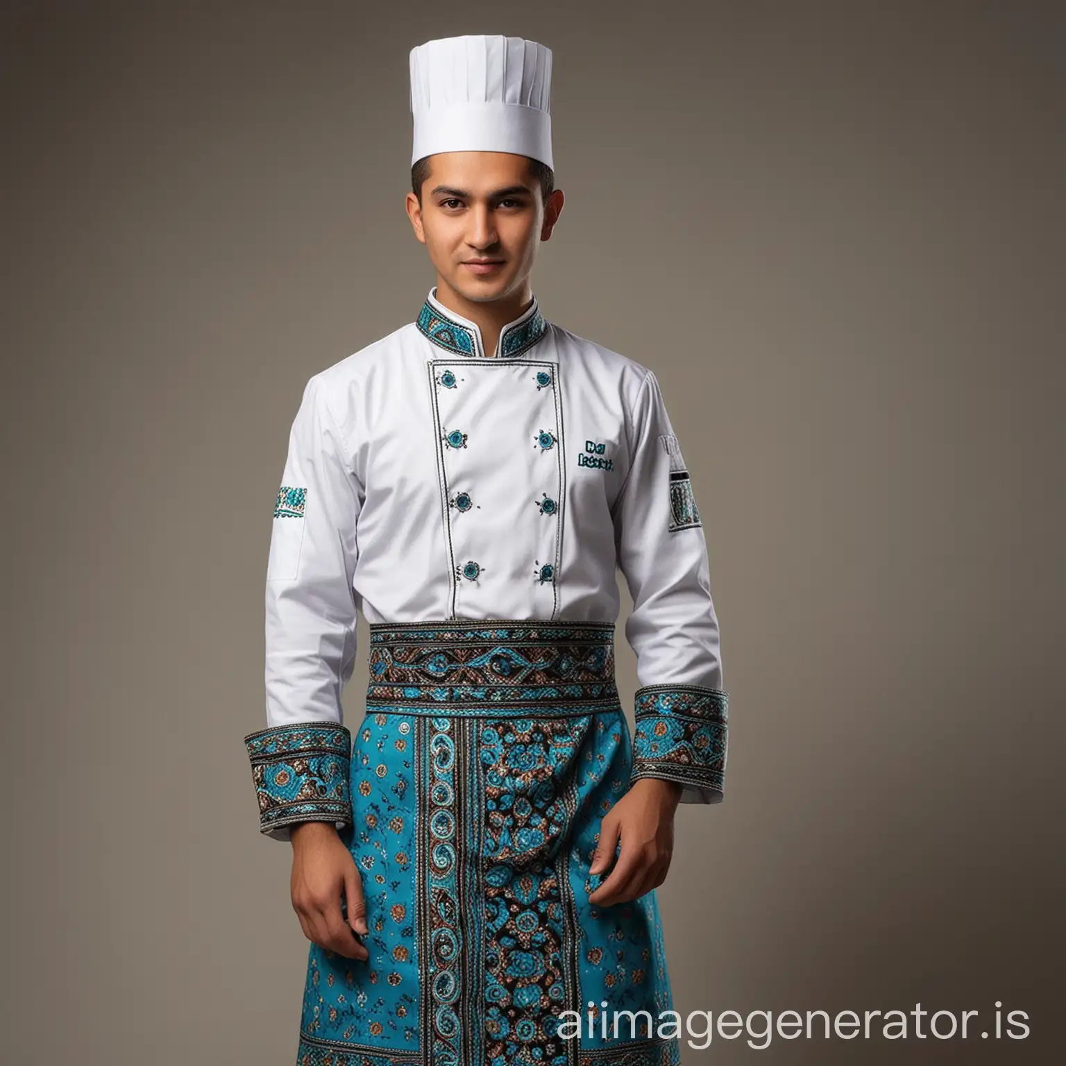 Create chef uniform for Doppi Restaurant. make it look  Uzbek traditional and with Uzbek doppi