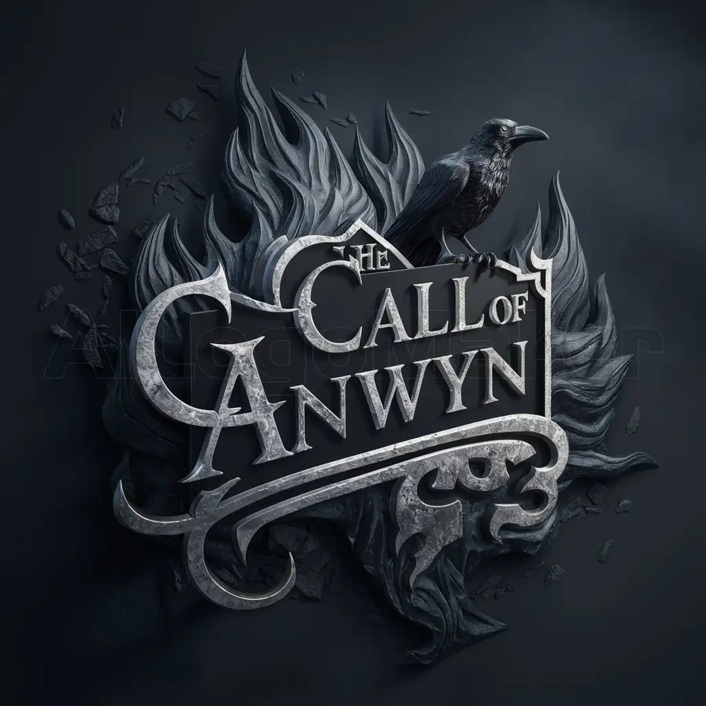 a logo design,with the text "The Call of Anwyn", main symbol:clean sign logo with wording: The Call of Anwyn, 3d render, cinematic, medieval typography, dark magical flames, majestic, dark fantasy, elegant, realistic proportions, black crow, highly detailed, Cinematic Lighting and Unreal Engine 5, HQ, concept art, ray tracing, grey scale, smooth, sharp focus, cinematic lighting, illustration, intricate background, Epic Cinematic Text Effect, dark background,complex,be used in Others industry,clear background