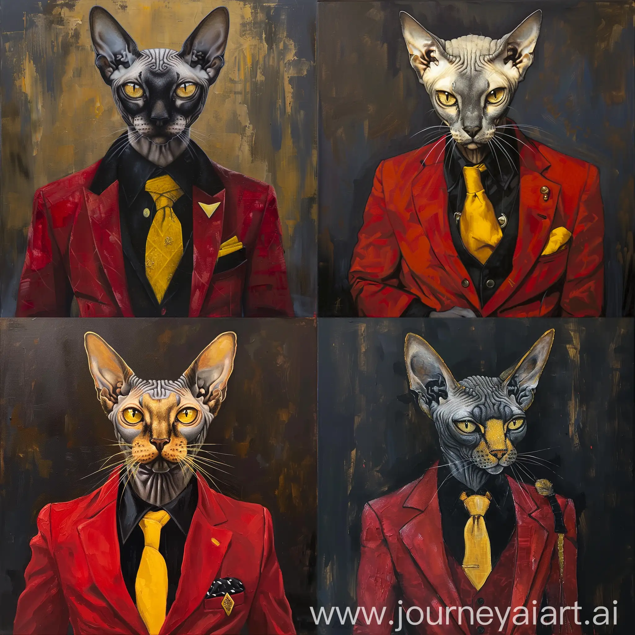 Кот сфинкс в классическом костюме, красный пиджак , черная рубашка , желтый галстук, живопись 