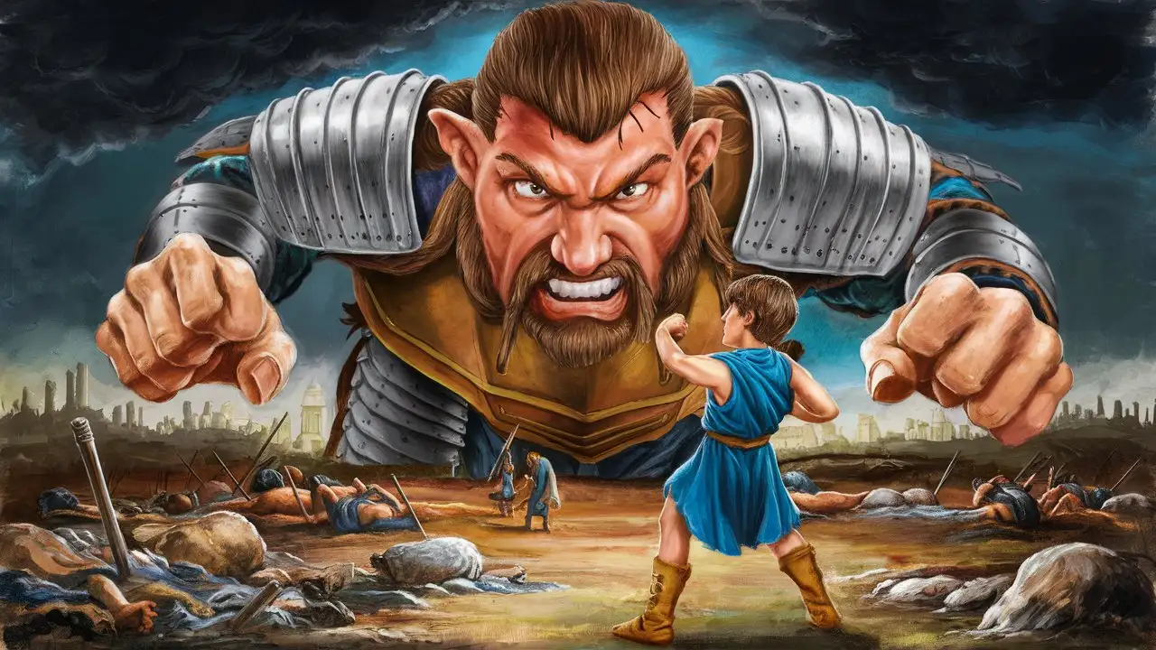 Goliath's eyes narrowing in anger as he charges at David with fury.