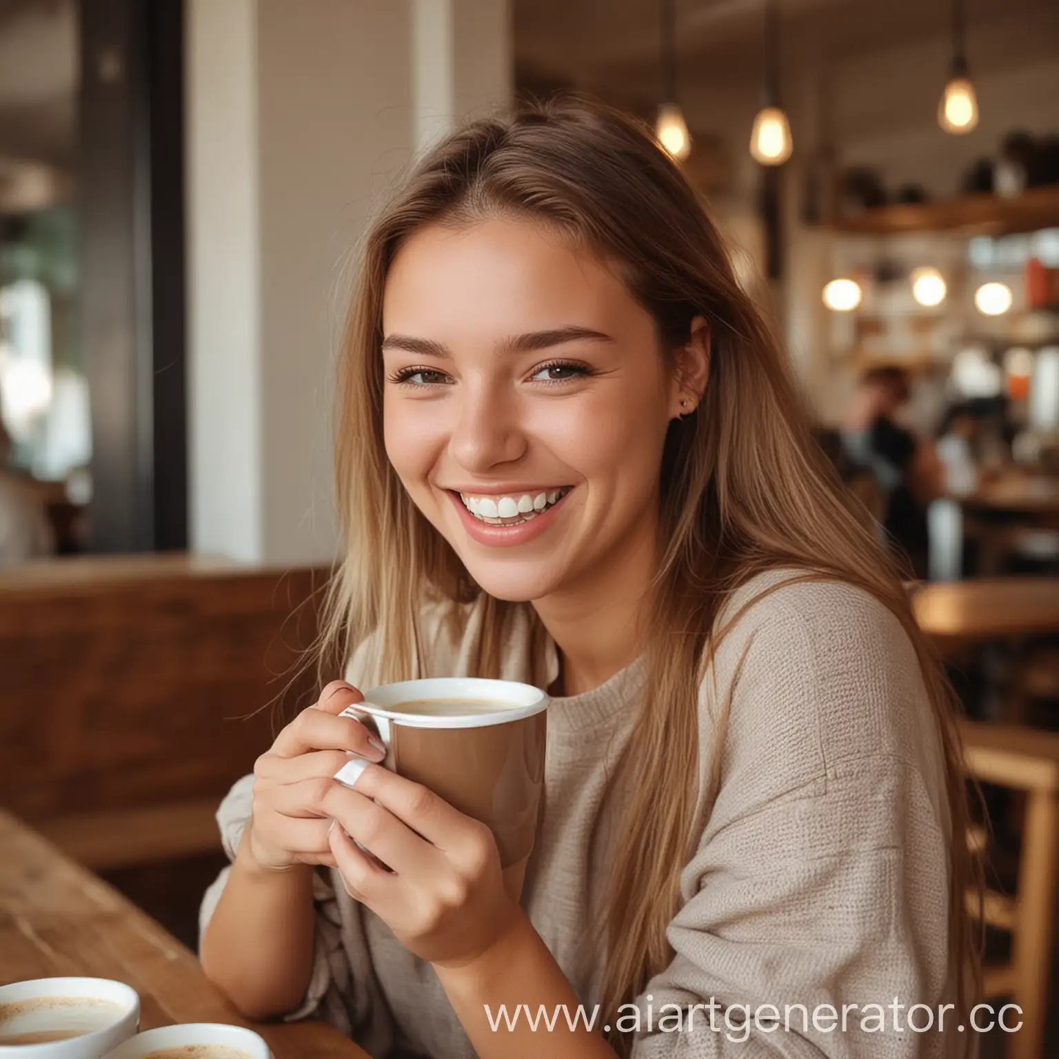 девушка пьет кофе в кафе и смеется