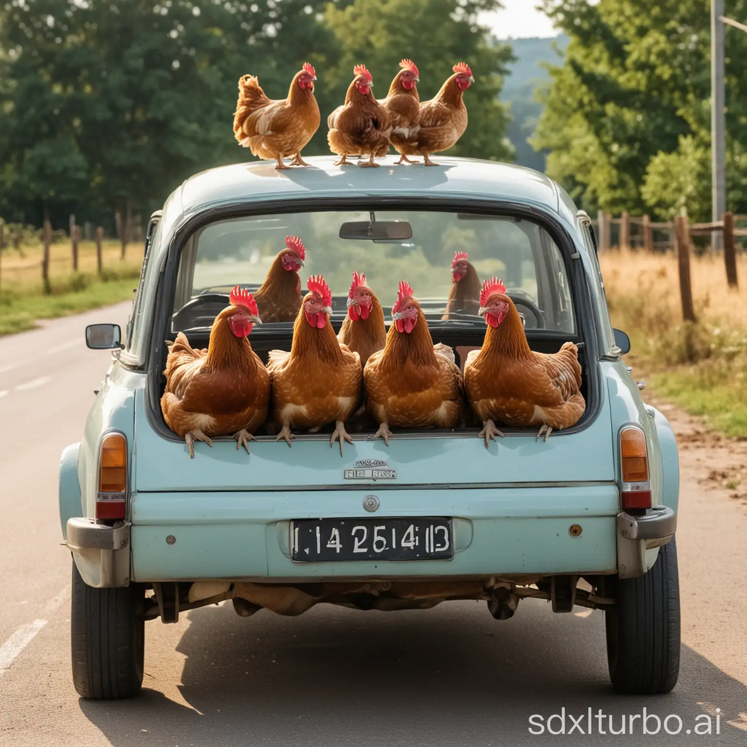 A group of hens is driving a car.