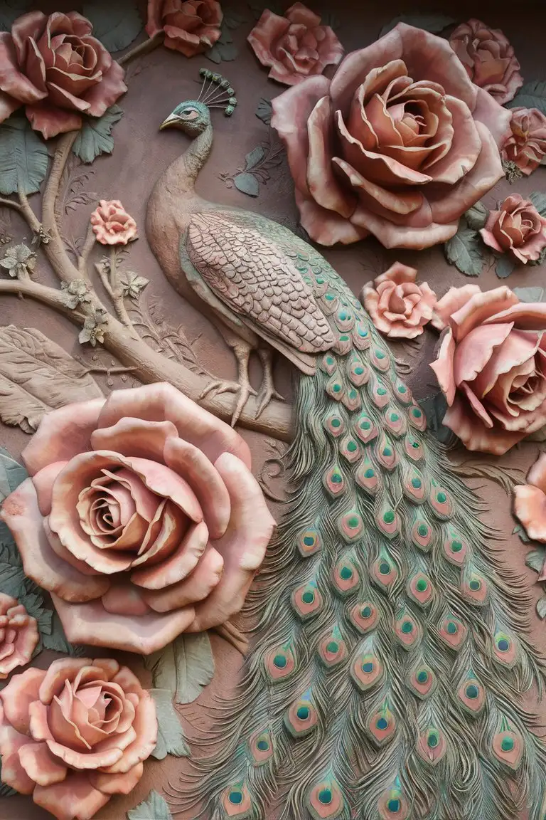 basrelief stucco peacock and biggest roses flowers on branch