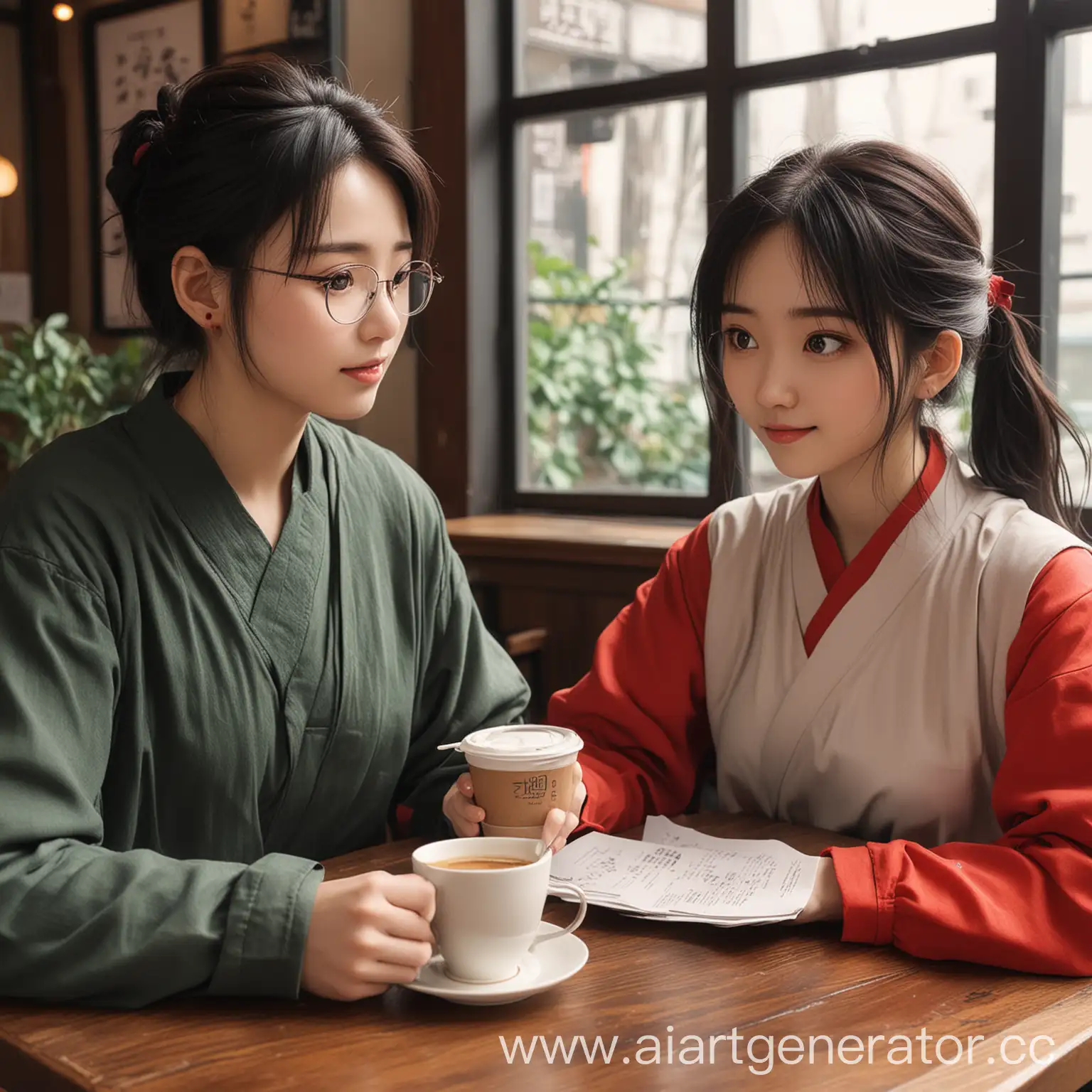 Два нарисованных аниме китайца ведут между собой диалог в кафе за чашкой кофе