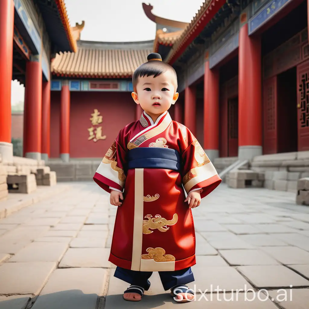 2 year old cute boy in Chinese ancient clothing, dressed as an official, with a background of ancient architecture