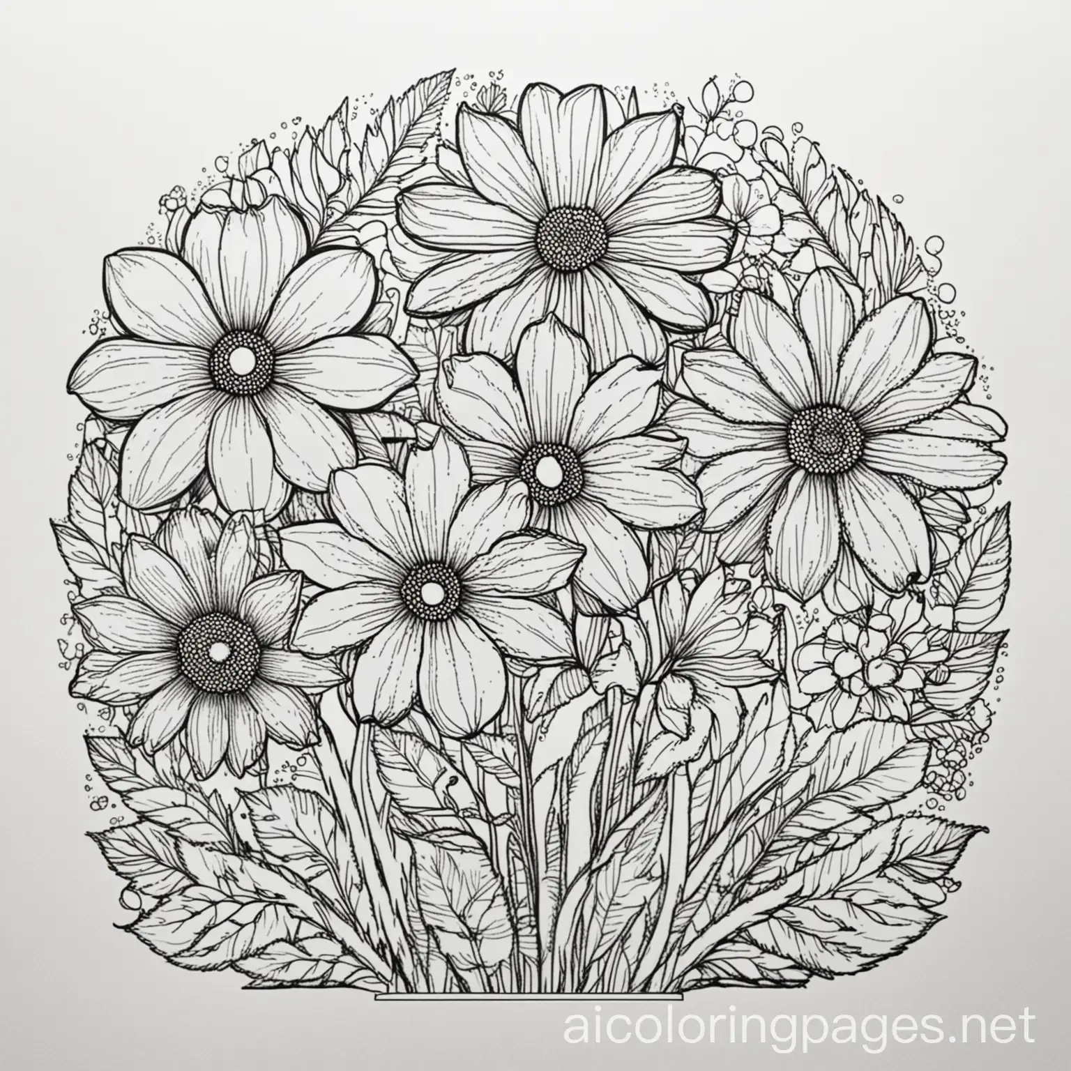 mandela flowers, Coloring Page, black and white, line art, white background, Simplicity, Ample White Space. The background of the coloring page is plain white to make it easy for young children to color within the lines. The outlines of all the subjects are easy to distinguish, making it simple for kids to color without too much difficulty