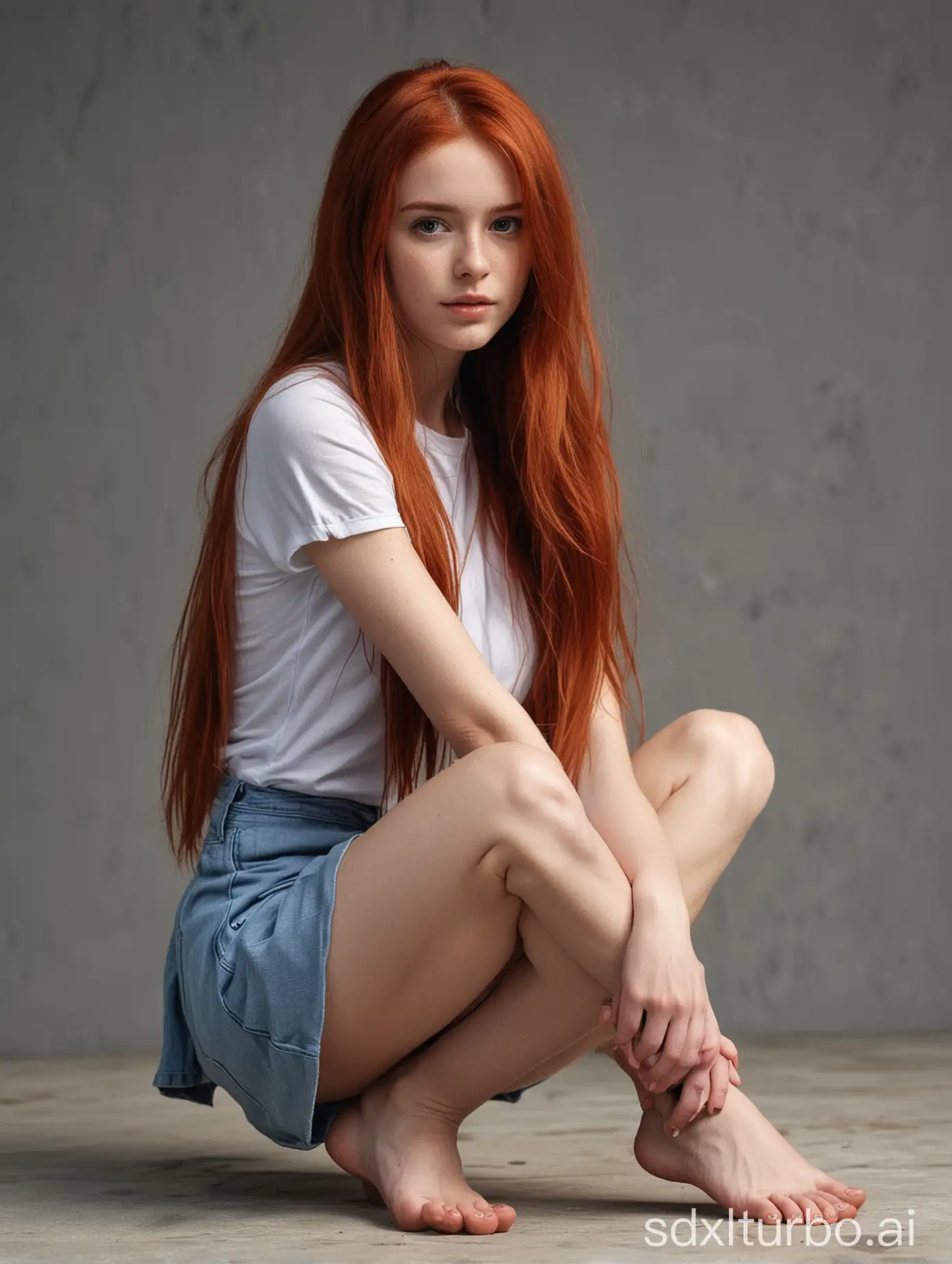 девушка с длинными красными волосами на корточках, 8k