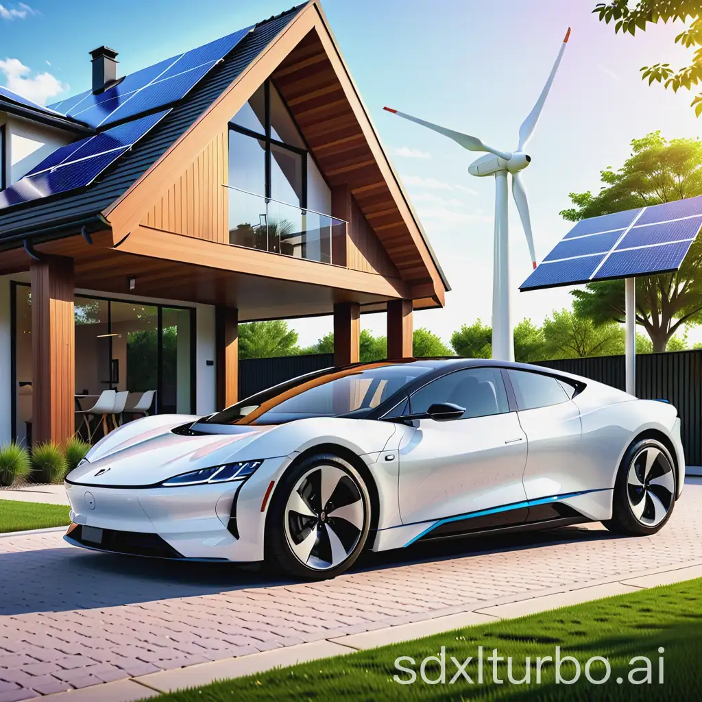 Ein Bild, das die Zukunft der Energie zeigt, mit einem Fokus auf Elektroautos und dynamischen Stromtarifen. Im Vordergrund steht ein modernes Elektroauto,vor einem EInfamlienhaus. Über dem Auto schwebt eine digitale Anzeige, die die aktuellen Strompreise in Echtzeit anzeigt. Im Hintergrund sind Windräder und Solarpaneele zu sehen, die erneuerbare Energie erzeugen. Die Szene strahlt eine futuristische Atmosphäre aus und vermittelt den Eindruck einer nachhaltigen und technologisch fortschrittlichen Energieinfrastruktur.