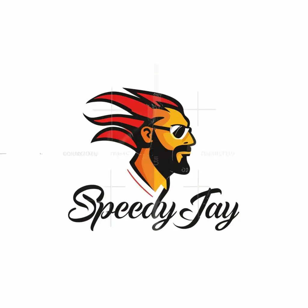 a logo design,with the text "Speedy Jay", main symbol:Man with long red hair and sunglasses, wearing shirt,Minimalistic,be used in Travel industry,clear background
