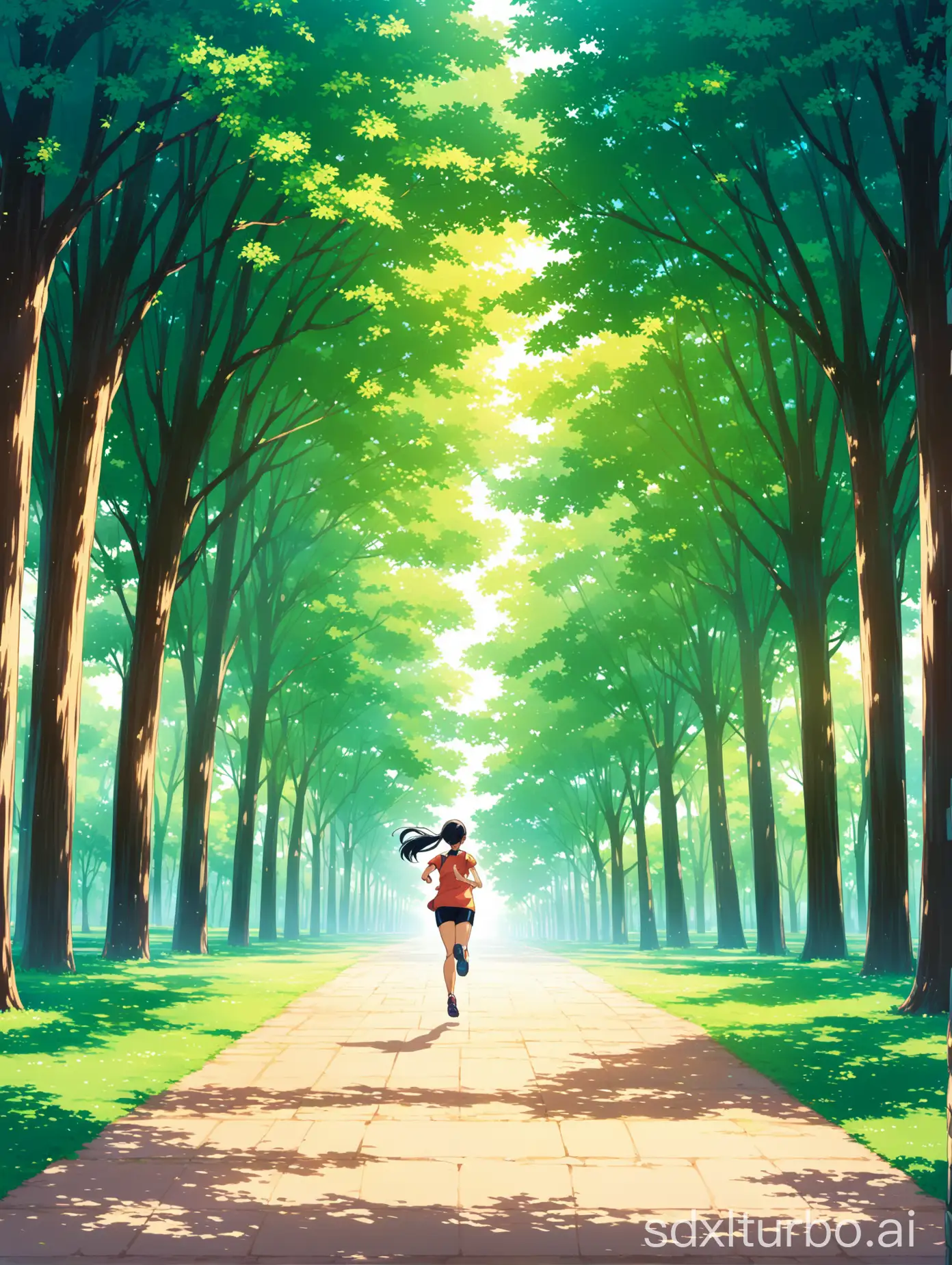 An anime background for running a marathon in park.